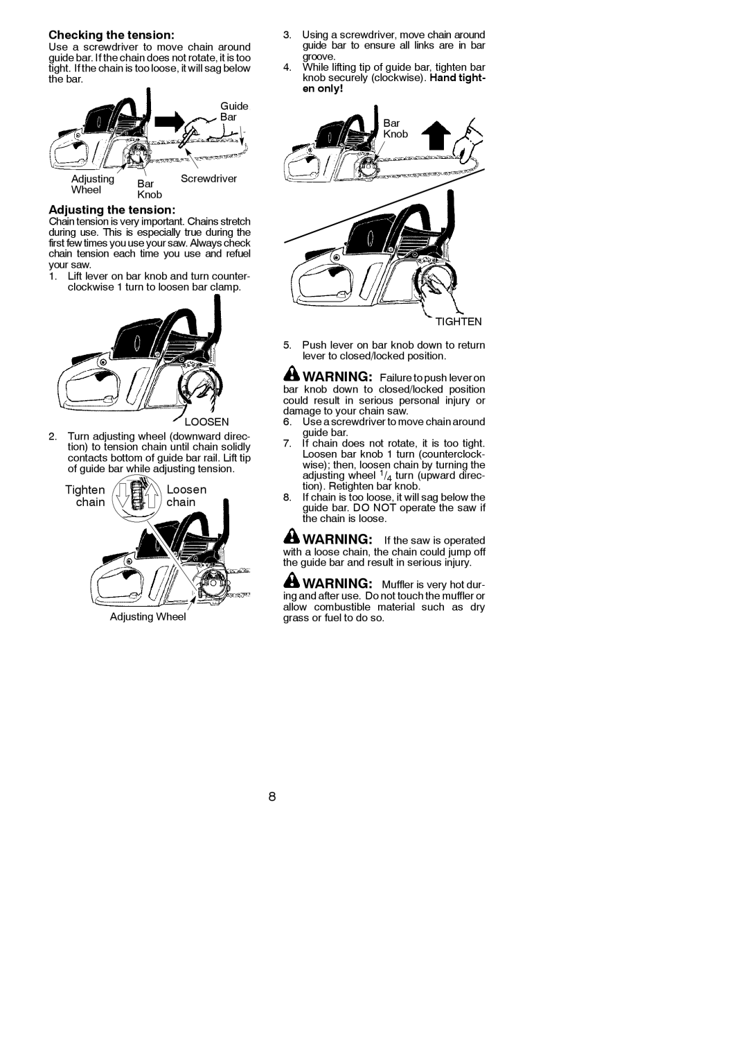 Poulan PP3516AVX, PP4218AVX instruction manual Checking the tension, Adjusting the tension, Tighten 