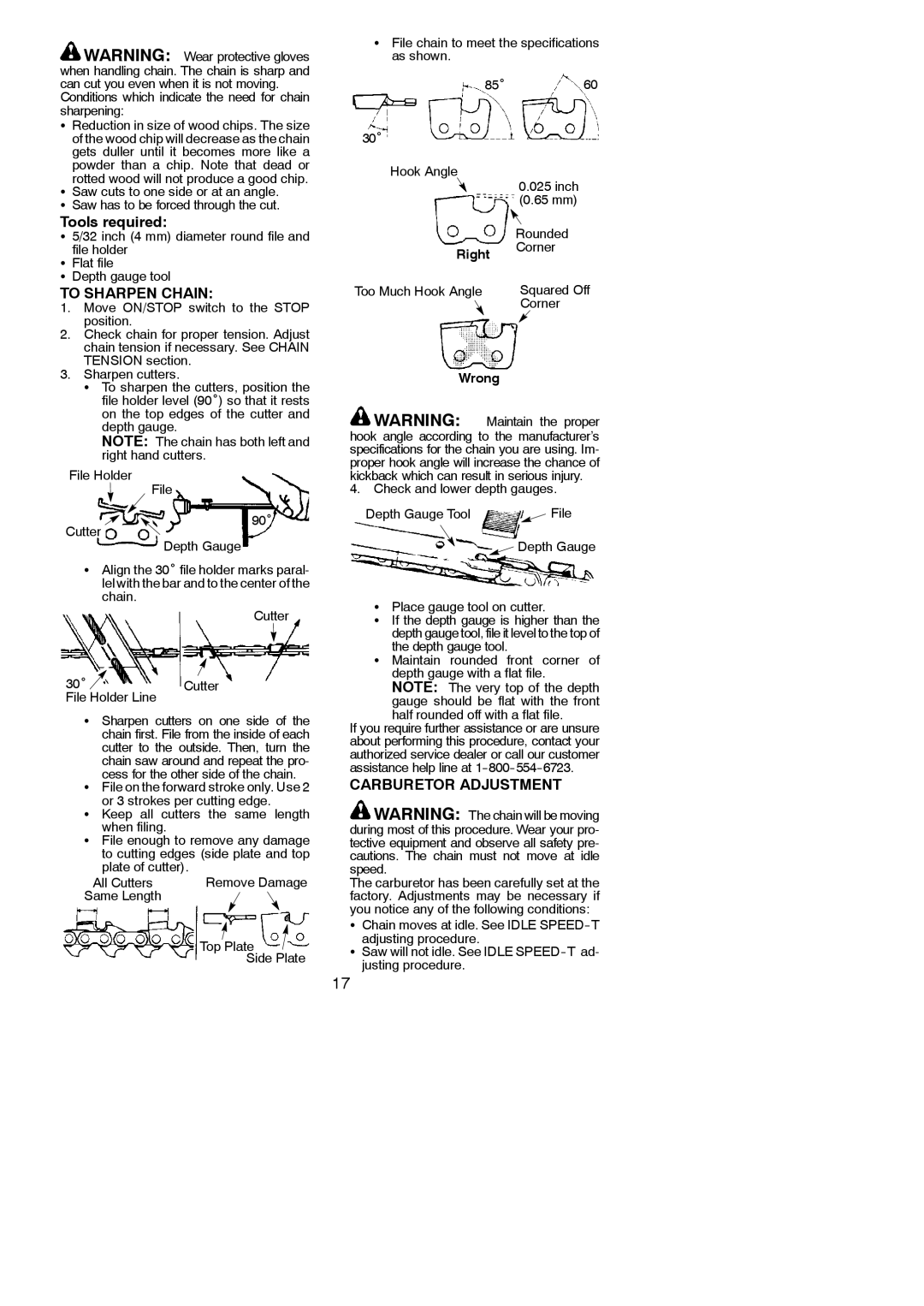 Poulan PP3516AVX instruction manual Tools required, To Sharpen Chain, Carburetor Adjustment, Right, Wrong 