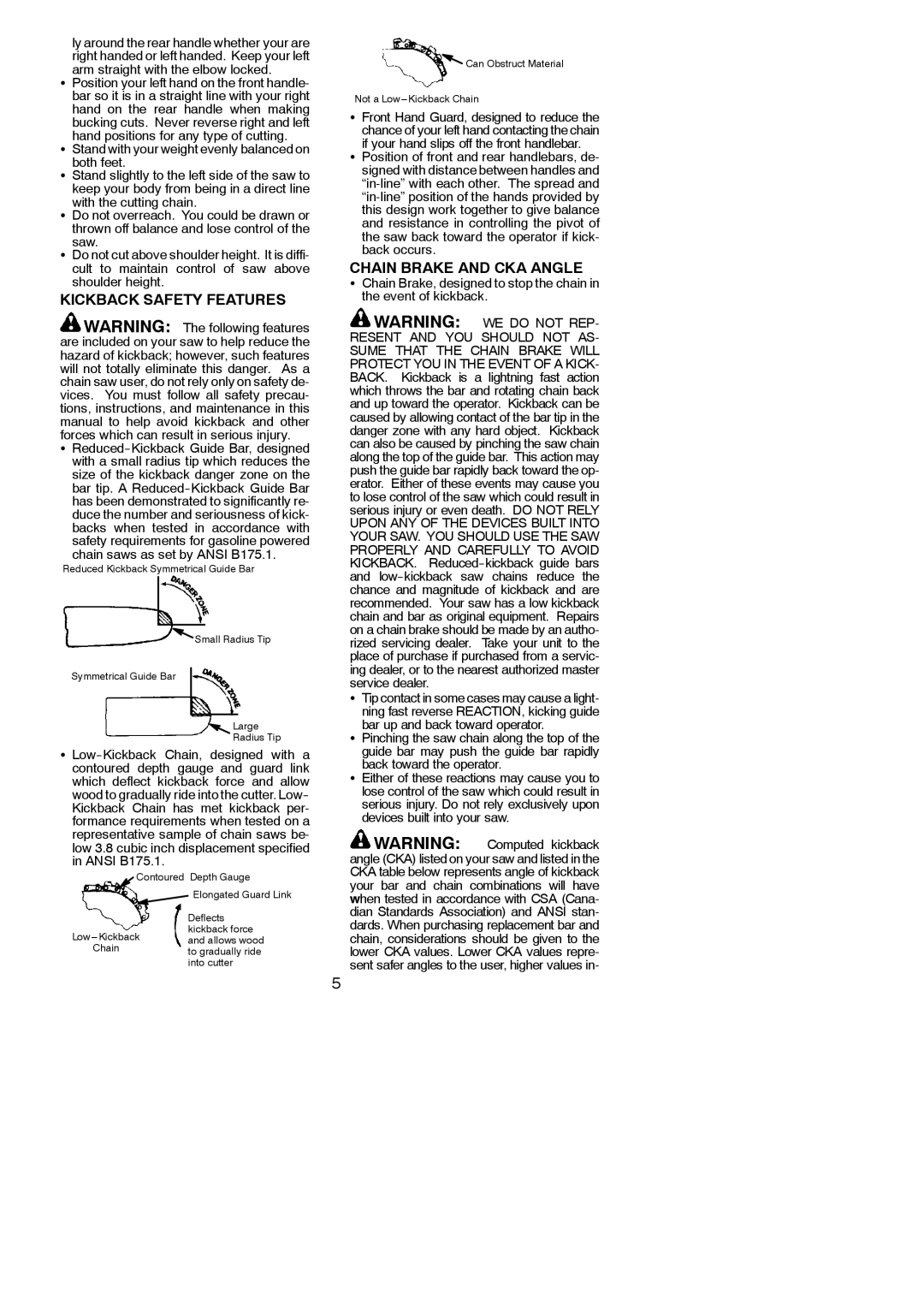 Poulan PP3516AVX instruction manual Kickback Safety Features, Chain Brake and CKA Angle, Chain saws as set by Ansi B175.1 