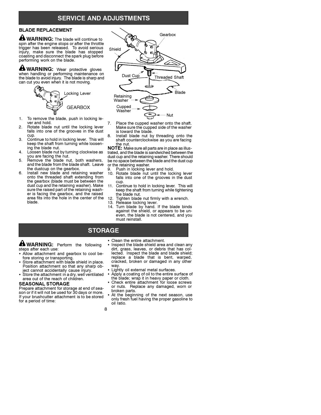 Poulan PP4000C instruction manual Blade Replacement, Gearbox, Seasonal Storage 