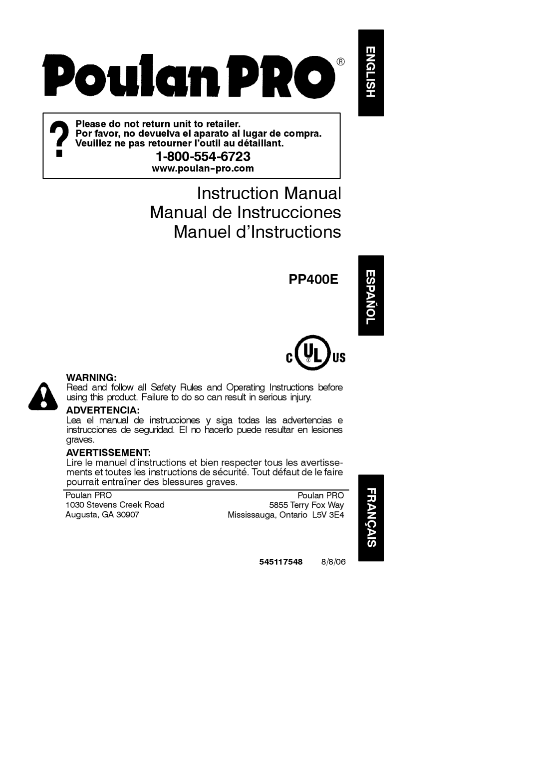 Poulan PP400E instruction manual English, Español, Français, 545117548 