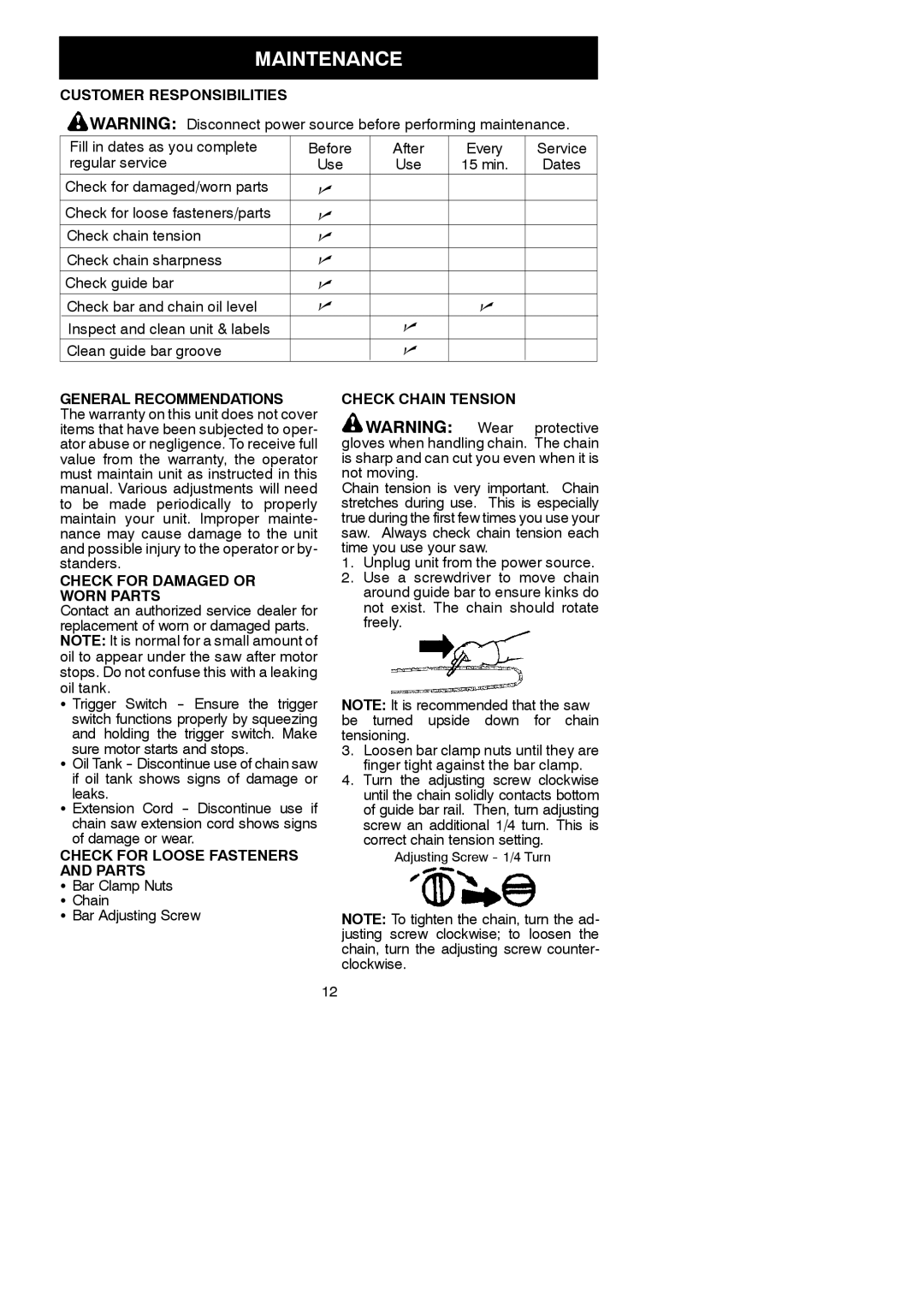 Poulan PP400E instruction manual Maintenance 