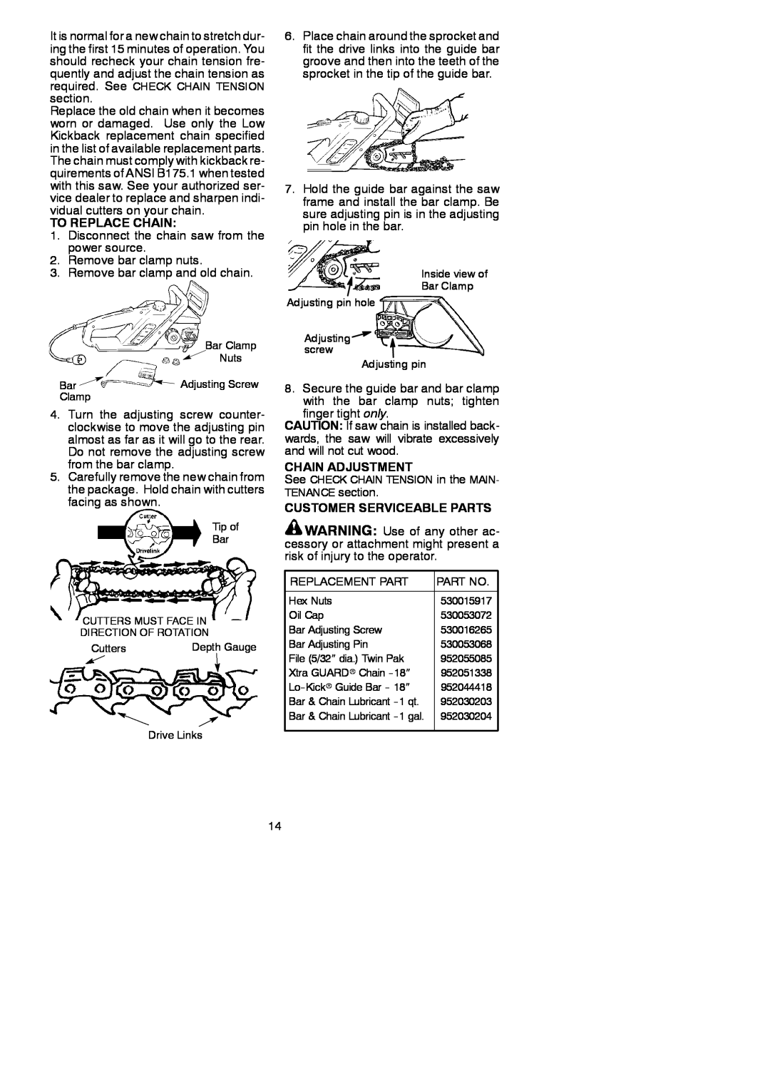 Poulan PP400E instruction manual To Replace Chain, Chain Adjustment, Customer Serviceable Parts 