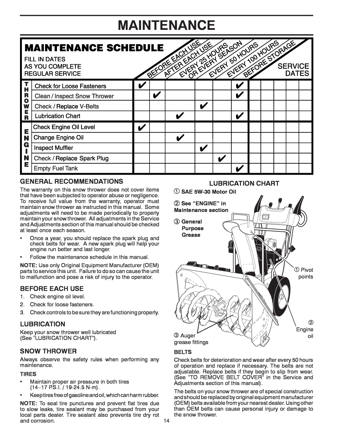Poulan PP414EPS30 owner manual Maintenance, General Recommendations, Before Each Use, Lubrication Chart, Snow Thrower 