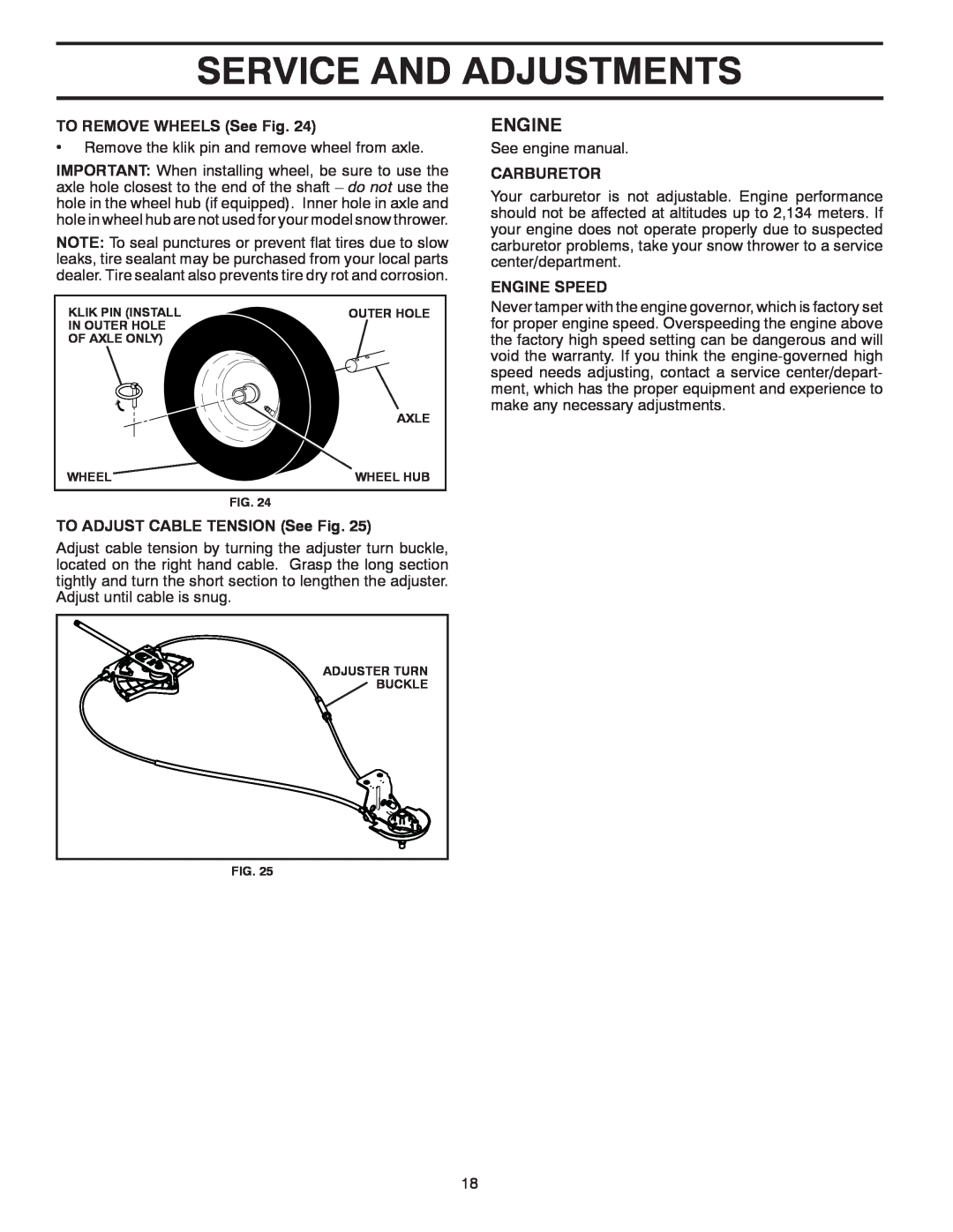 Poulan PP414EPS30 Service And Adjustments, Engine, TO REMOVE WHEELS See Fig, TO ADJUST CABLE TENSION See Fig, Carburetor 
