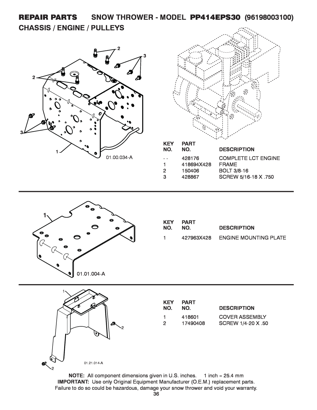 Poulan owner manual Chassis / Engine / Pulleys, REPAIR PARTS SNOW THROWER - MODEL PP414EPS30 
