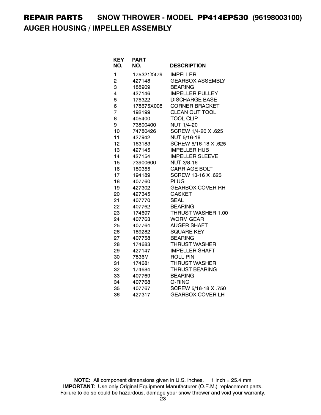 Poulan PP414EPS30 owner manual KEY Part Description 