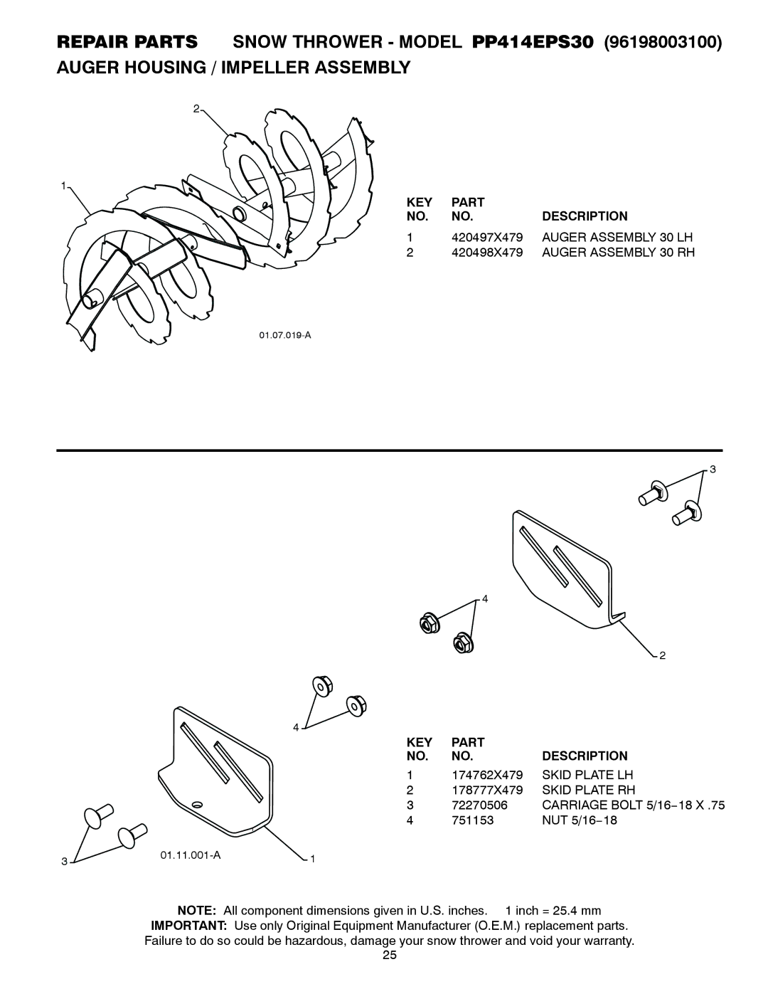 Poulan PP414EPS30 owner manual Auger Assembly 30 LH, Auger Assembly 30 RH, Skid Plate LH, Skid Plate RH 