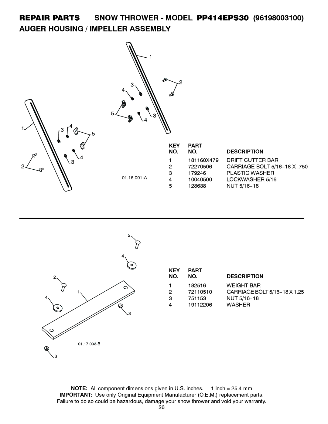 Poulan PP414EPS30 owner manual Drift Cutter BAR, Plastic Washer, Lockwasher 5/16, Weight BAR 