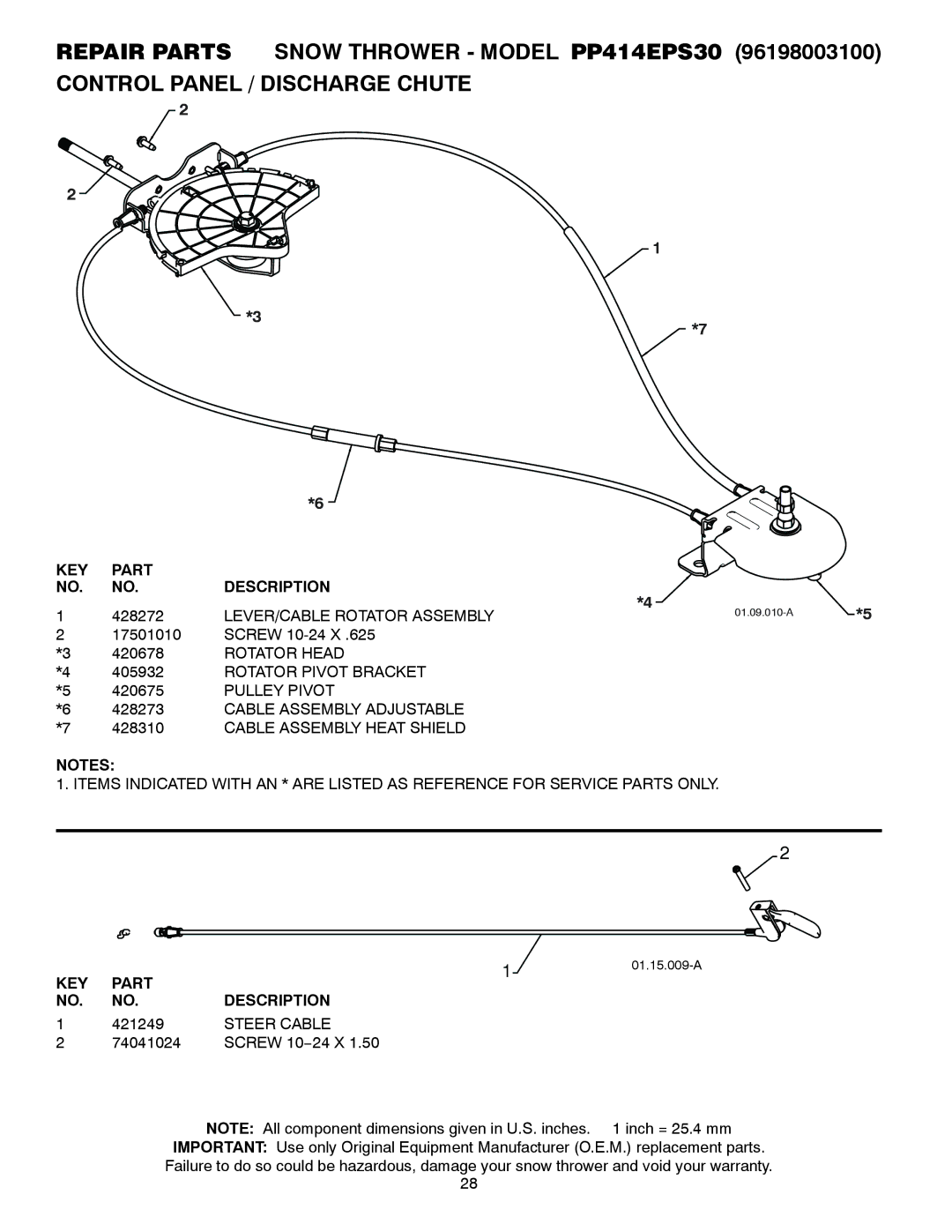 Poulan PP414EPS30 owner manual LEVER/CABLE Rotator Assembly, Rotator Head, Rotator Pivot Bracket, Pulley Pivot, Steer Cable 