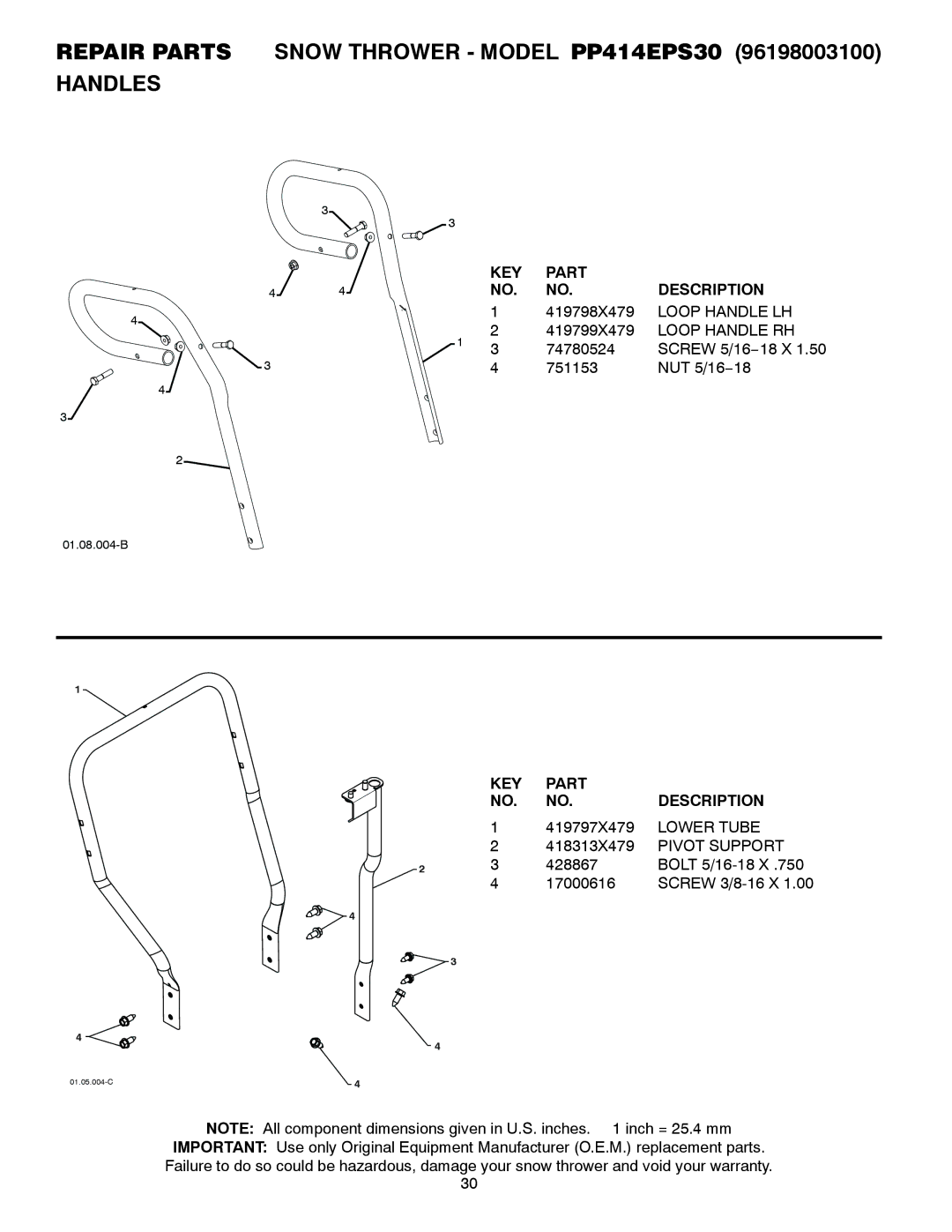 Poulan PP414EPS30 owner manual Loop Handle LH, Loop Handle RH, Lower Tube, Pivot Support 