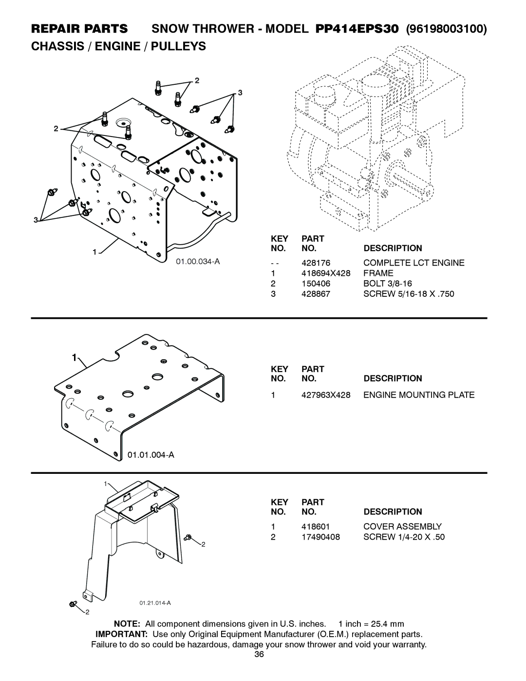 Poulan PP414EPS30 owner manual Complete LCT Engine, Frame, 427963X428, Engine Mounting Plate, Cover Assembly 