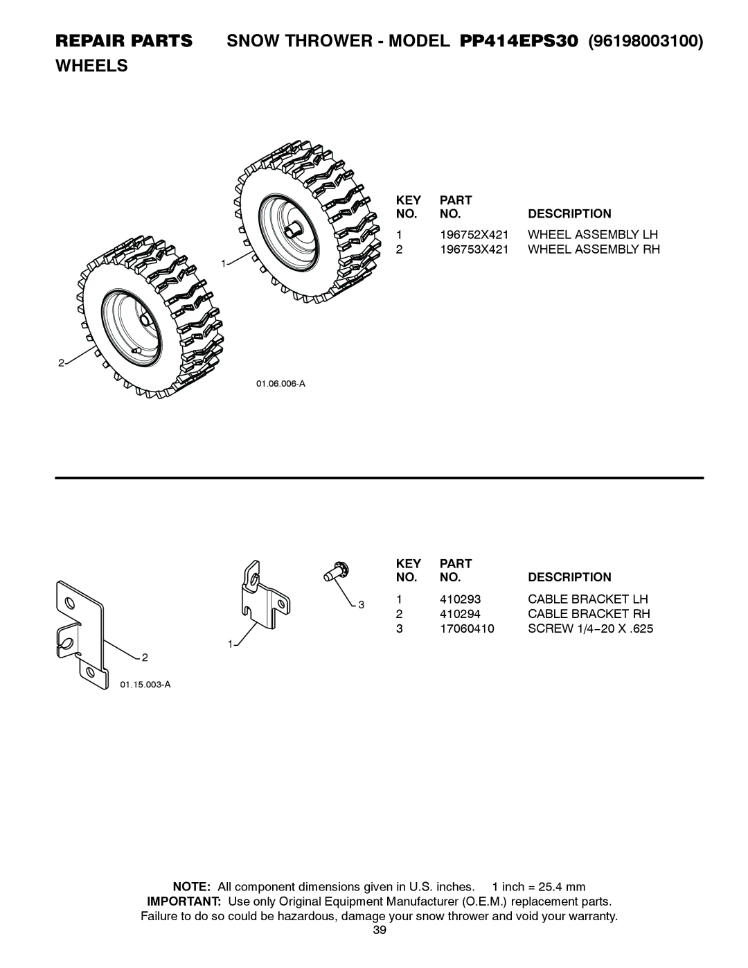 Poulan PP414EPS30 owner manual 196752X421, Wheel Assembly LH, 196753X421, Cable Bracket LH, Cable Bracket RH 