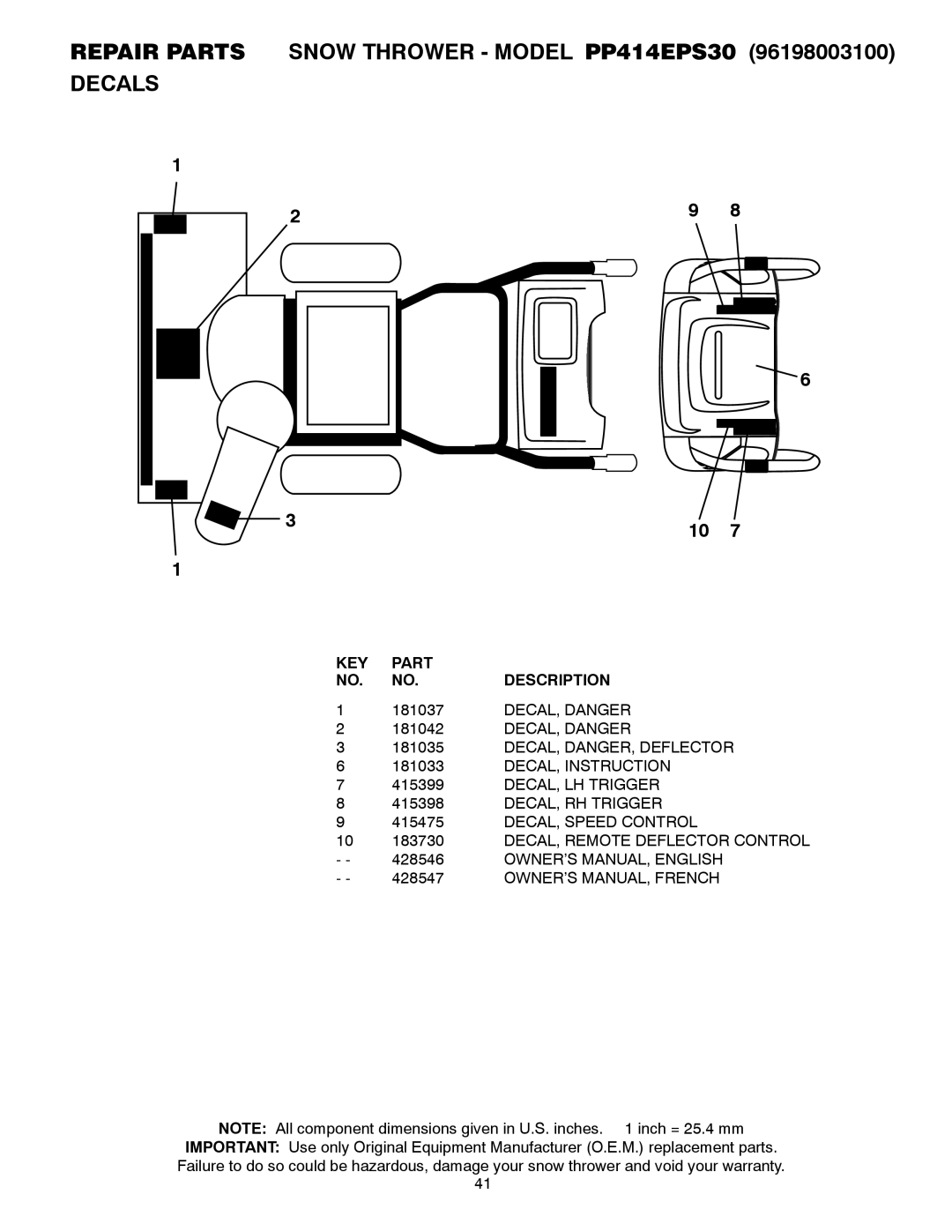 Poulan Repair Parts Snow Thrower Model PP414EPS30 Decals, DECAL, Danger, DECAL, DANGER, Deflector, DECAL, Instruction 