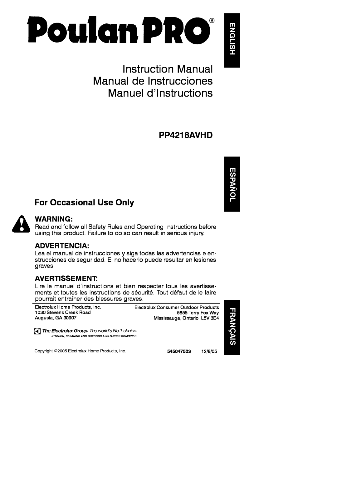 Poulan instruction manual English, Español Français, PP4218AVHD For Occasional Use Only, Advertencia, Avertissement 