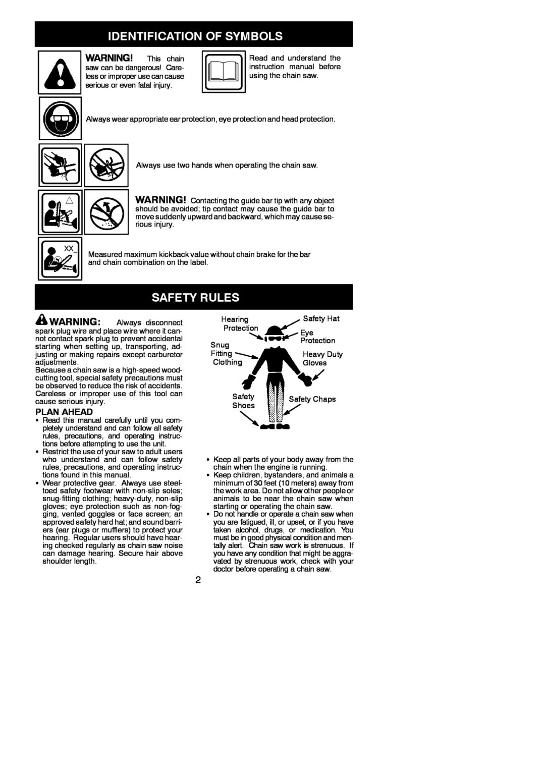 Poulan PP4218AVHD instruction manual Identification Of Symbols, Safety Rules, Plan Ahead 
