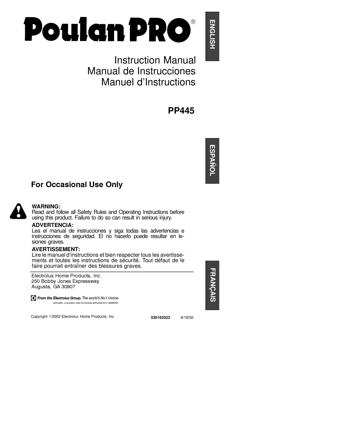 Poulan 530163323, PP445 instruction manual Manual de Instrucciones Manuel d’Instructions 