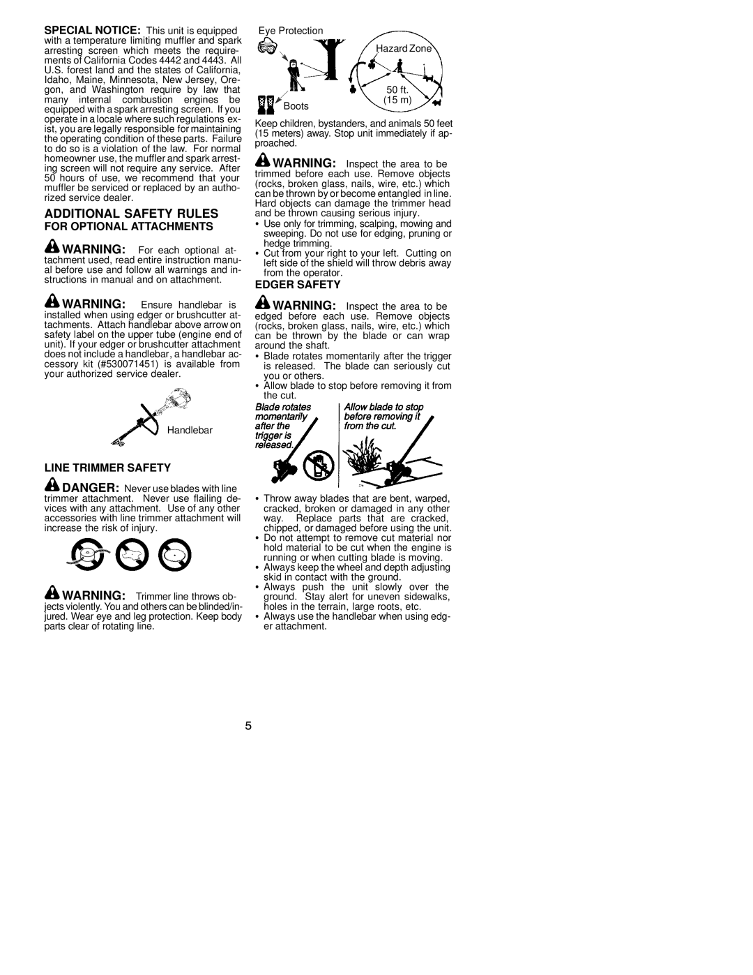 Poulan 530163323, PP445 instruction manual For Optional Attachments, Edger Safety, Line Trimmer Safety 