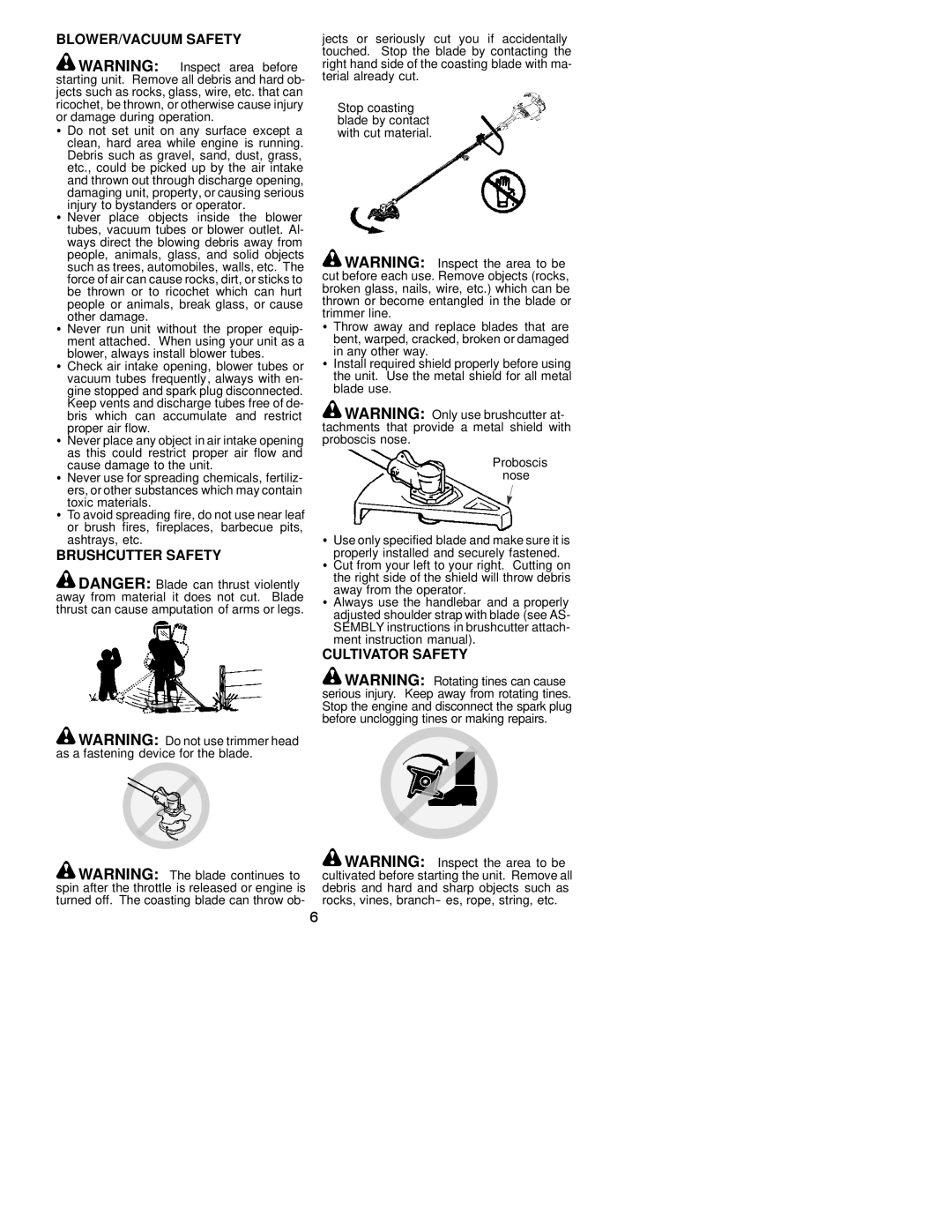 Poulan PP445, 530163323 instruction manual BLOWER/VACUUM Safety, Brushcutter Safety, Cultivator Safety 