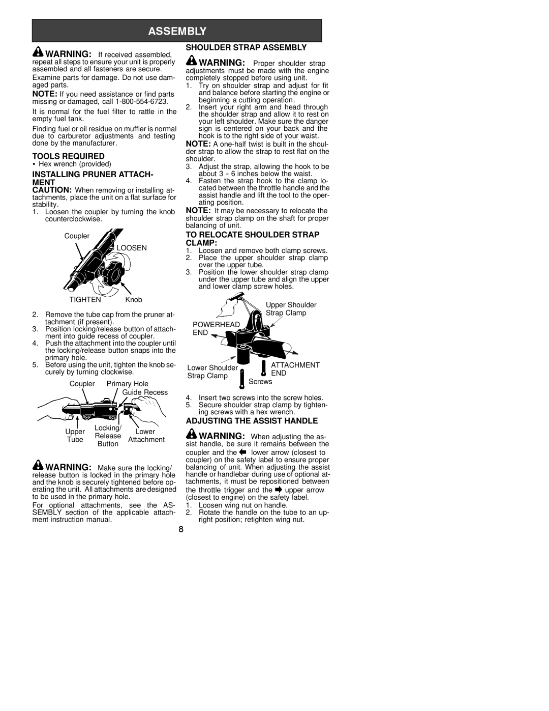 Poulan PP445 Tools Required, Installing Pruner ATTACH- Ment, Shoulder Strap Assembly, To Relocate Shoulder Strap Clamp 