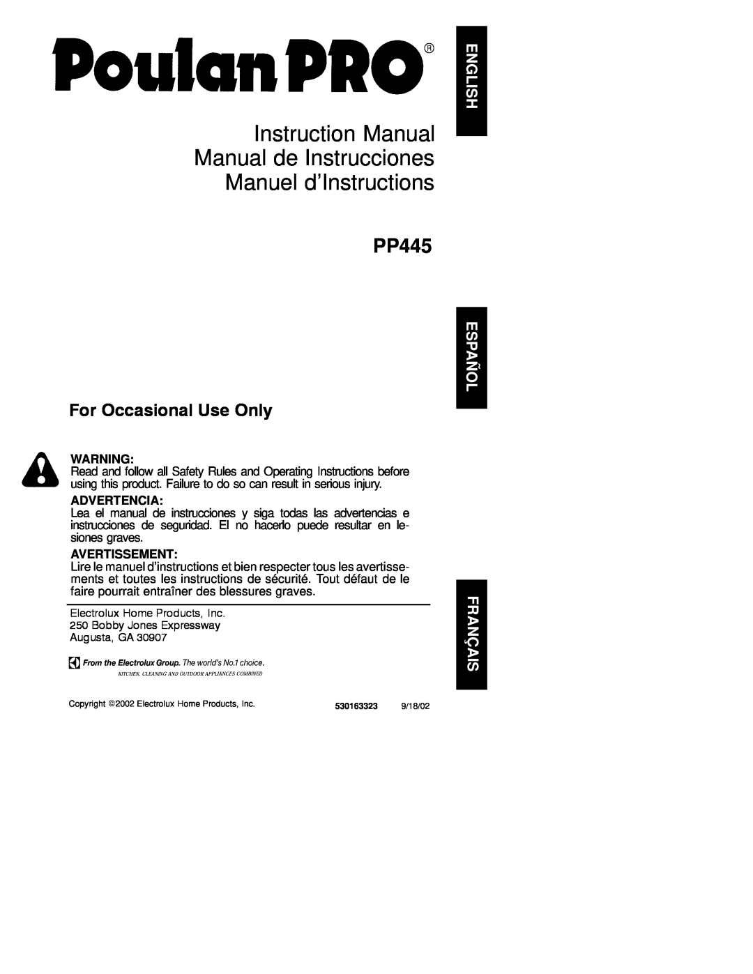 Poulan 530163323 instruction manual Advertencia, Avertissement, PP445, For Occasional Use Only 