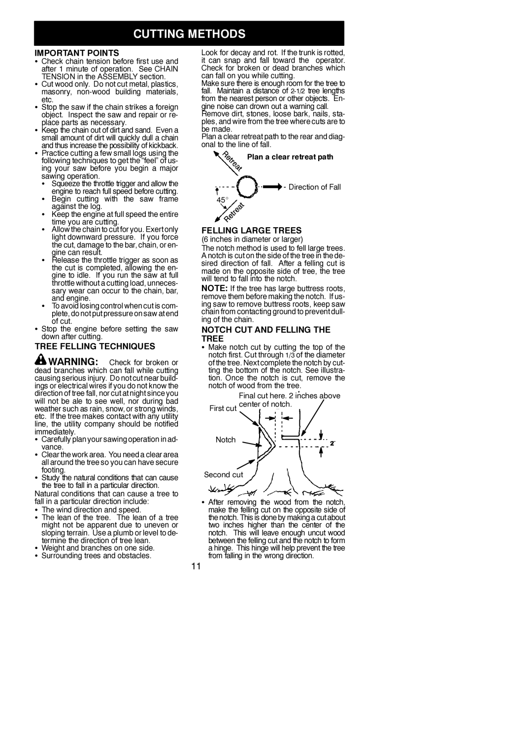 Poulan PP4620AV instruction manual Cutting Methods, Important Points, Tree Felling Techniques, Felling Large Trees 