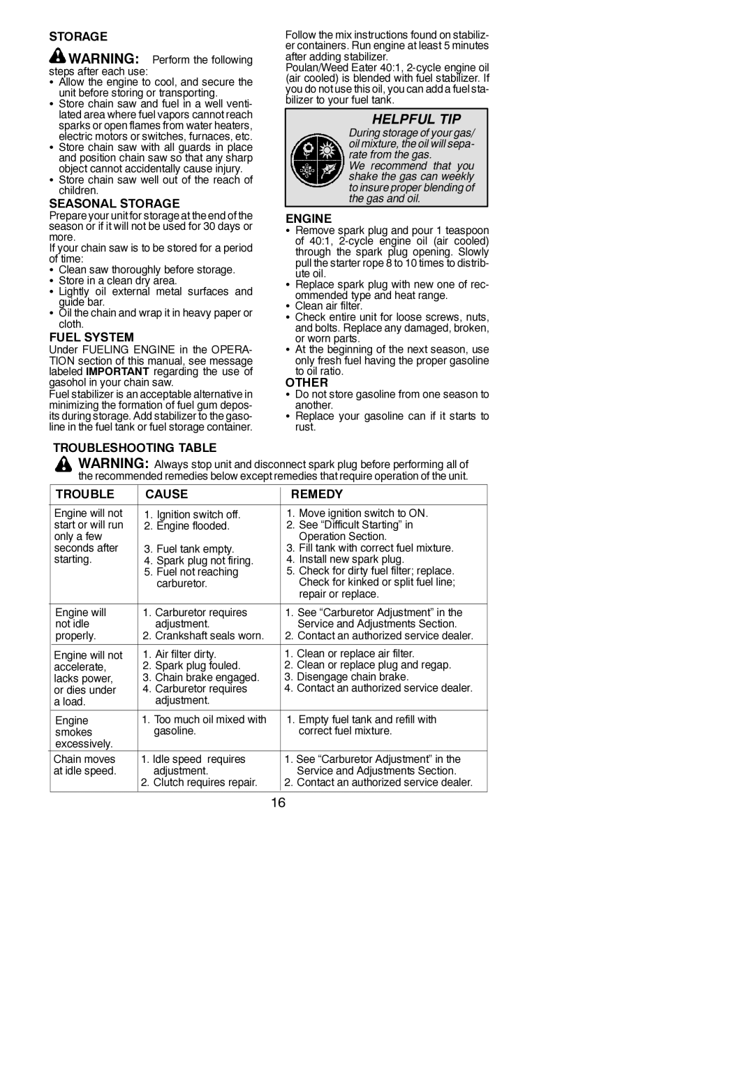 Poulan PP4620AV instruction manual Storage, Troubleshooting Table Cause Remedy 