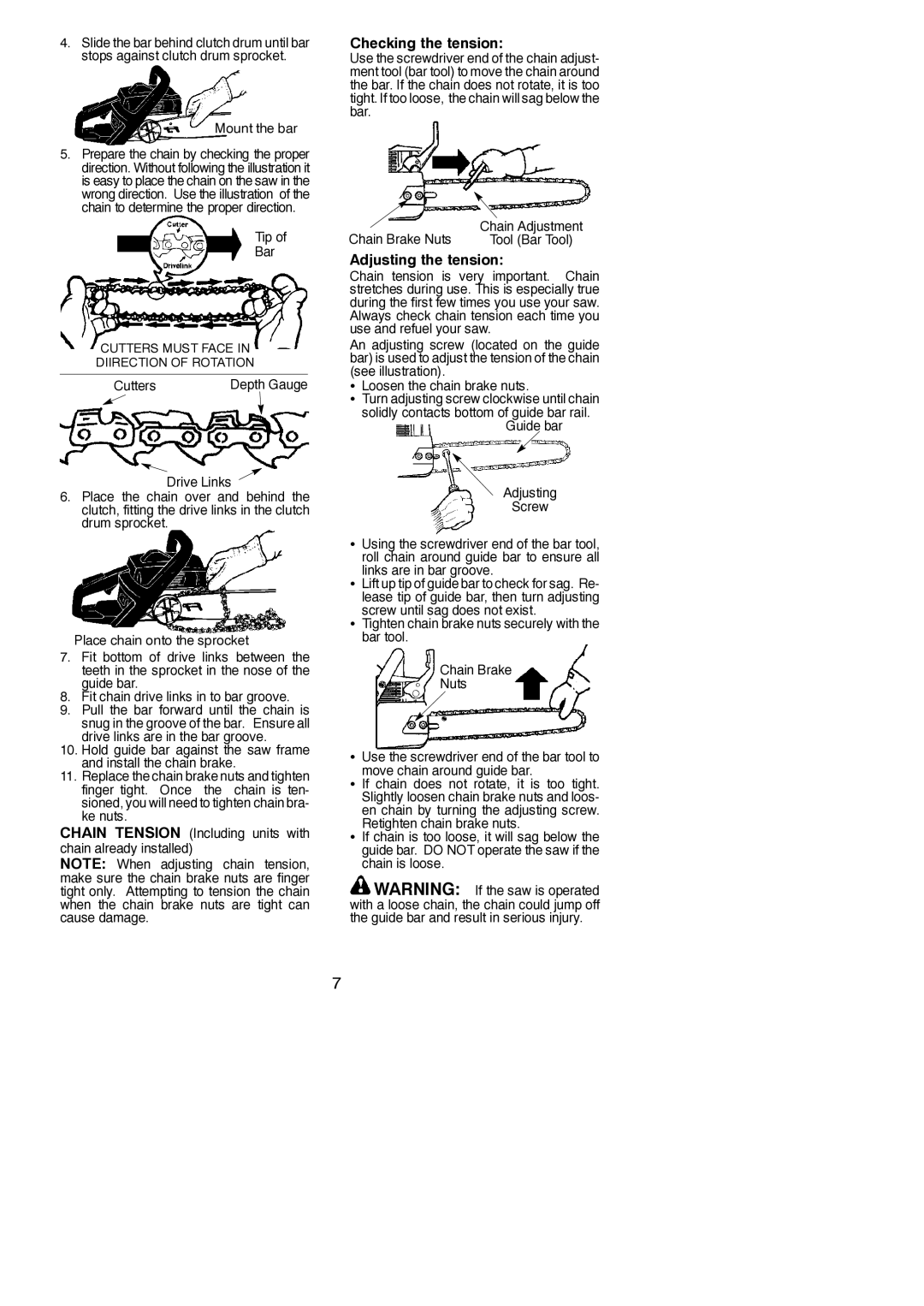 Poulan PP4620AV instruction manual Checking the tension, Adjusting the tension, Tip Bar, Cutters 