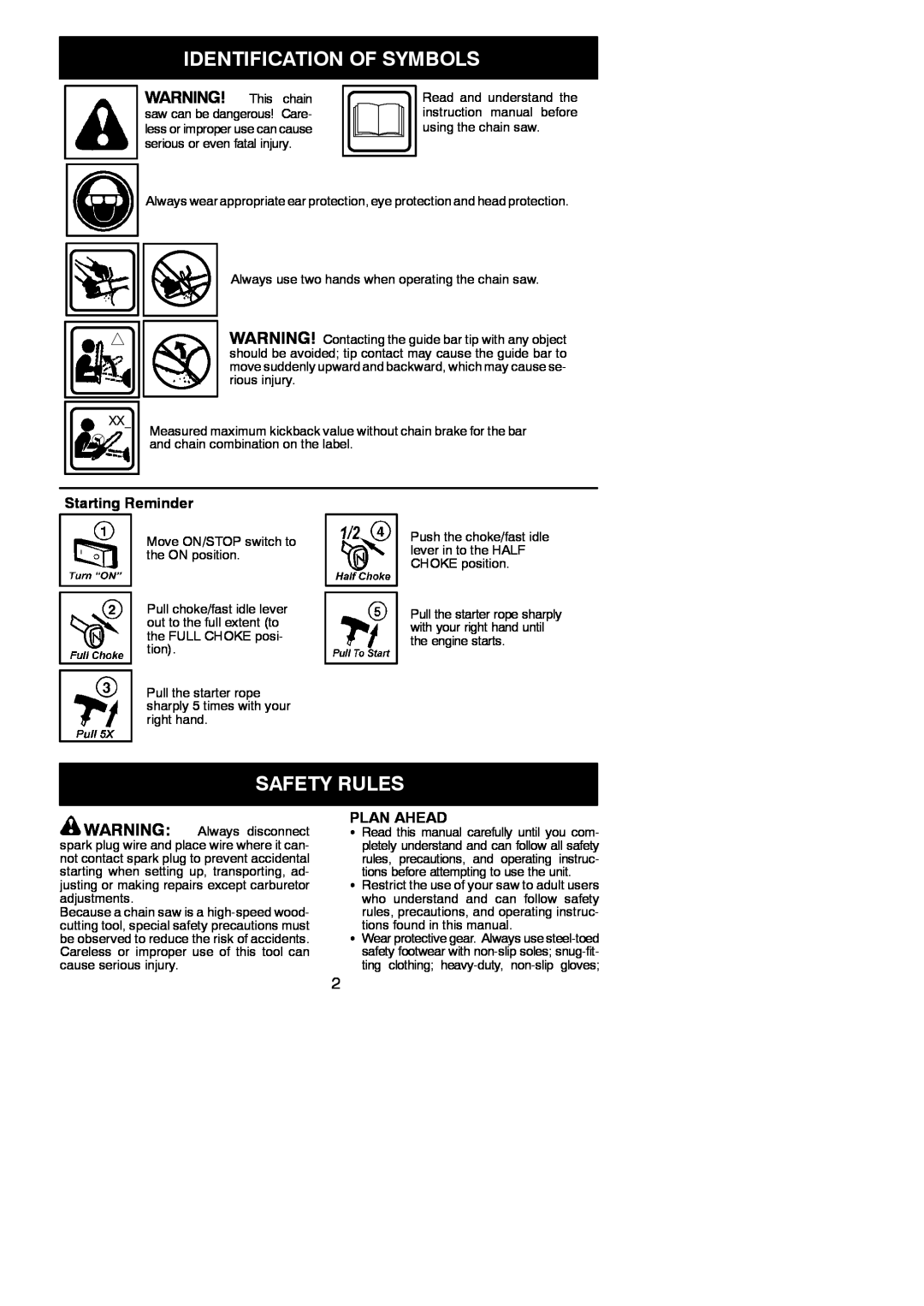 Poulan PP4620AV instruction manual Identification Of Symbols, Safety Rules, Starting Reminder, Plan Ahead 