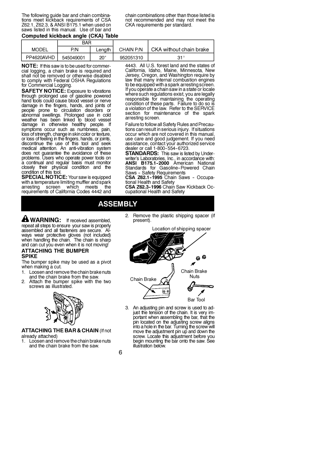 Poulan PP4620AVHD instruction manual Assembly, Computed kickback angle CKA Table, Attaching the Bumper Spike 