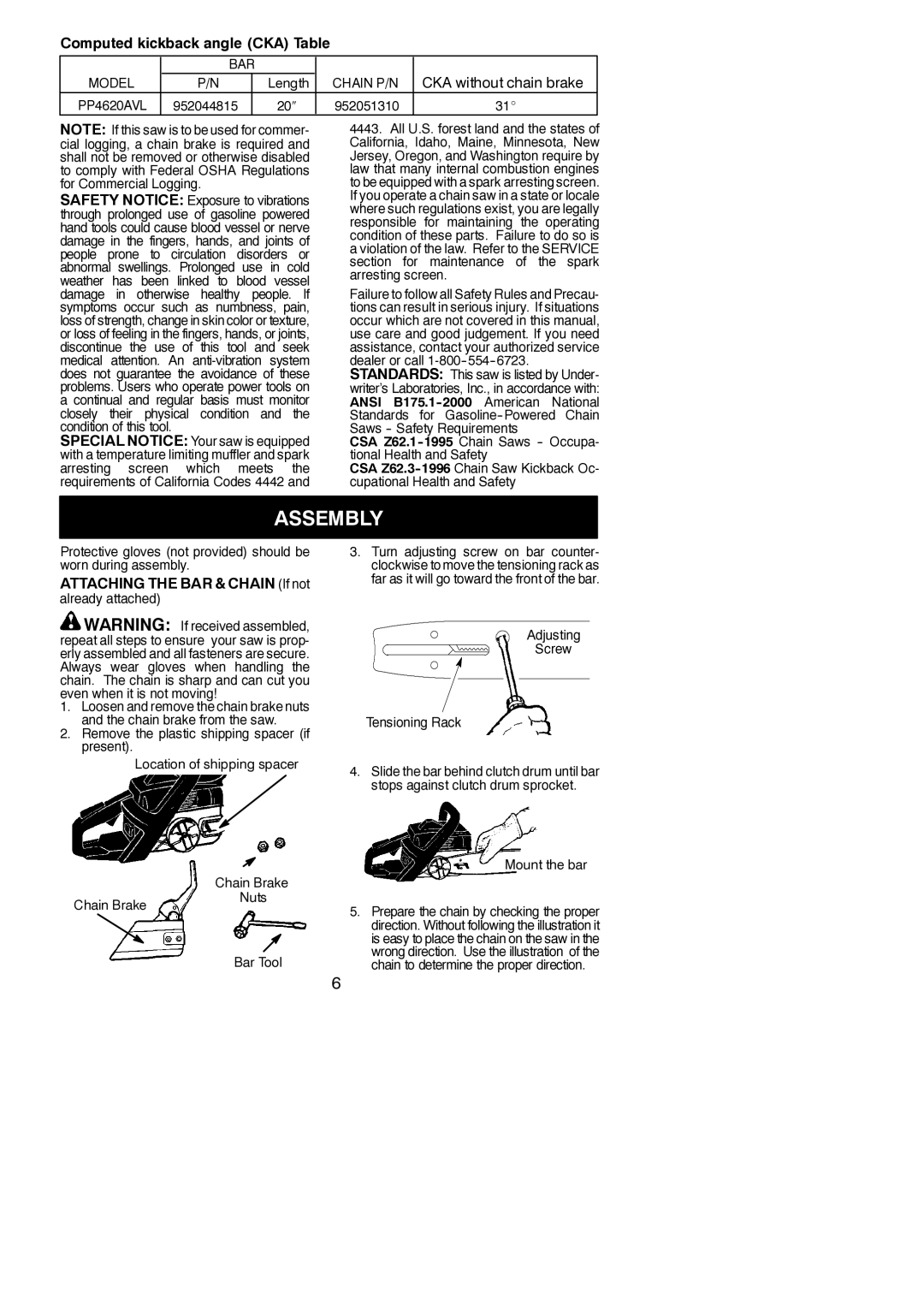 Poulan PP4620AVL instruction manual Assembly, Computed kickback angle CKA Table, Attaching the BAR & Chain If not 