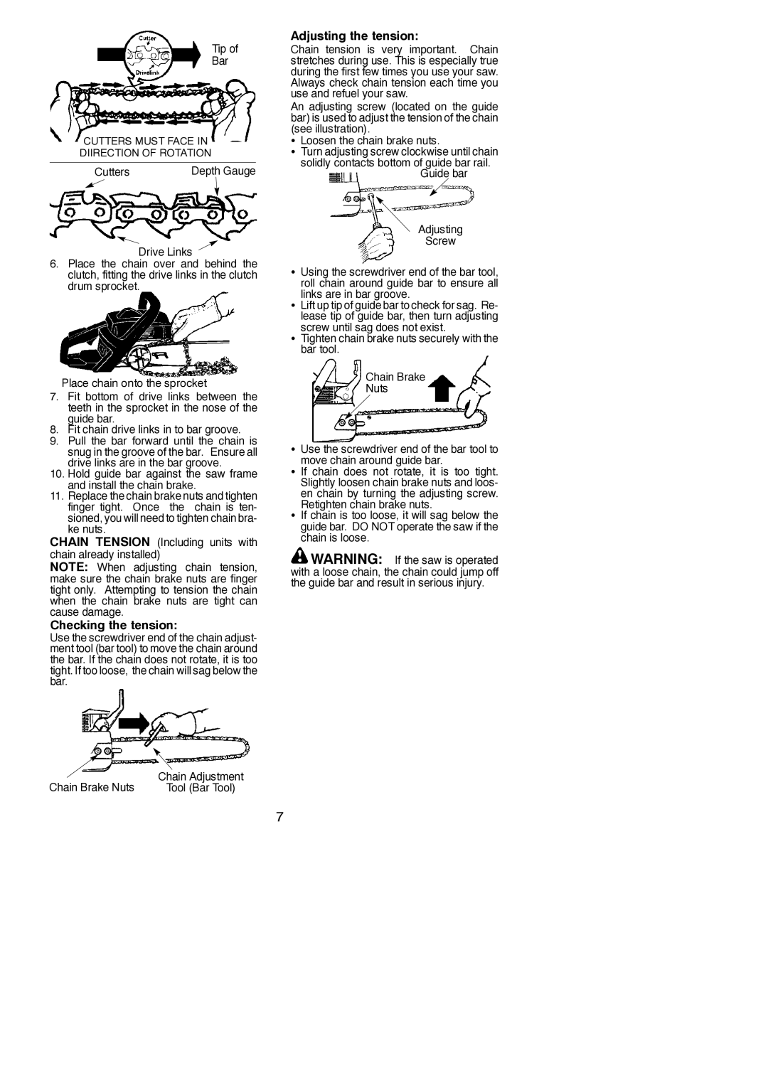 Poulan PP4620AVL instruction manual Checking the tension, Adjusting the tension 