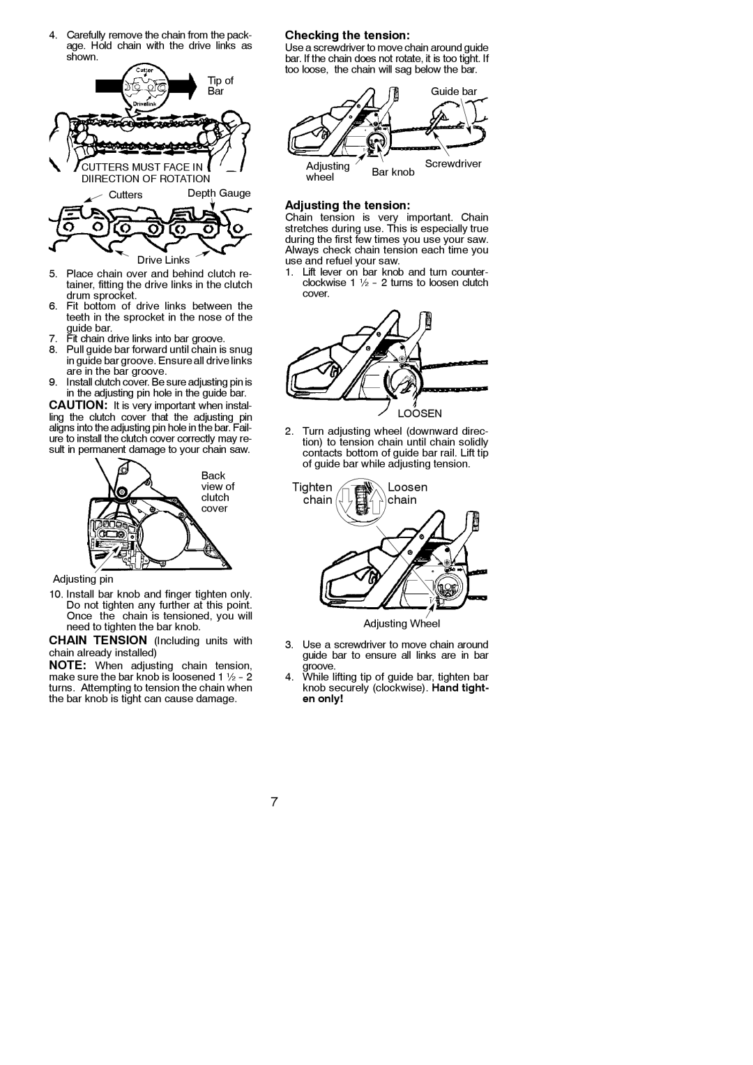 Poulan PP4620AVX instruction manual Checking the tension, Adjusting the tension 