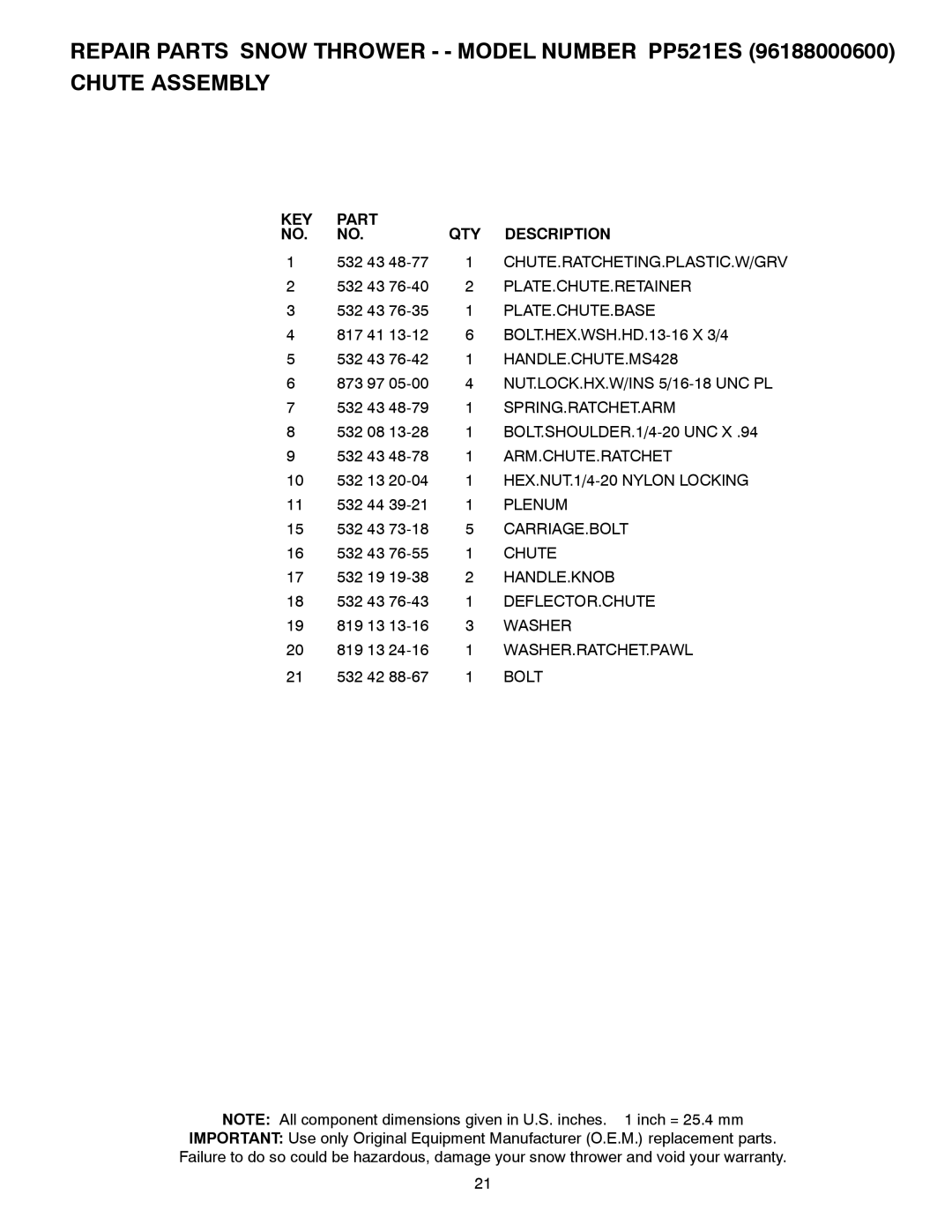 Poulan PP521ES owner manual KEY Part QTY Description 