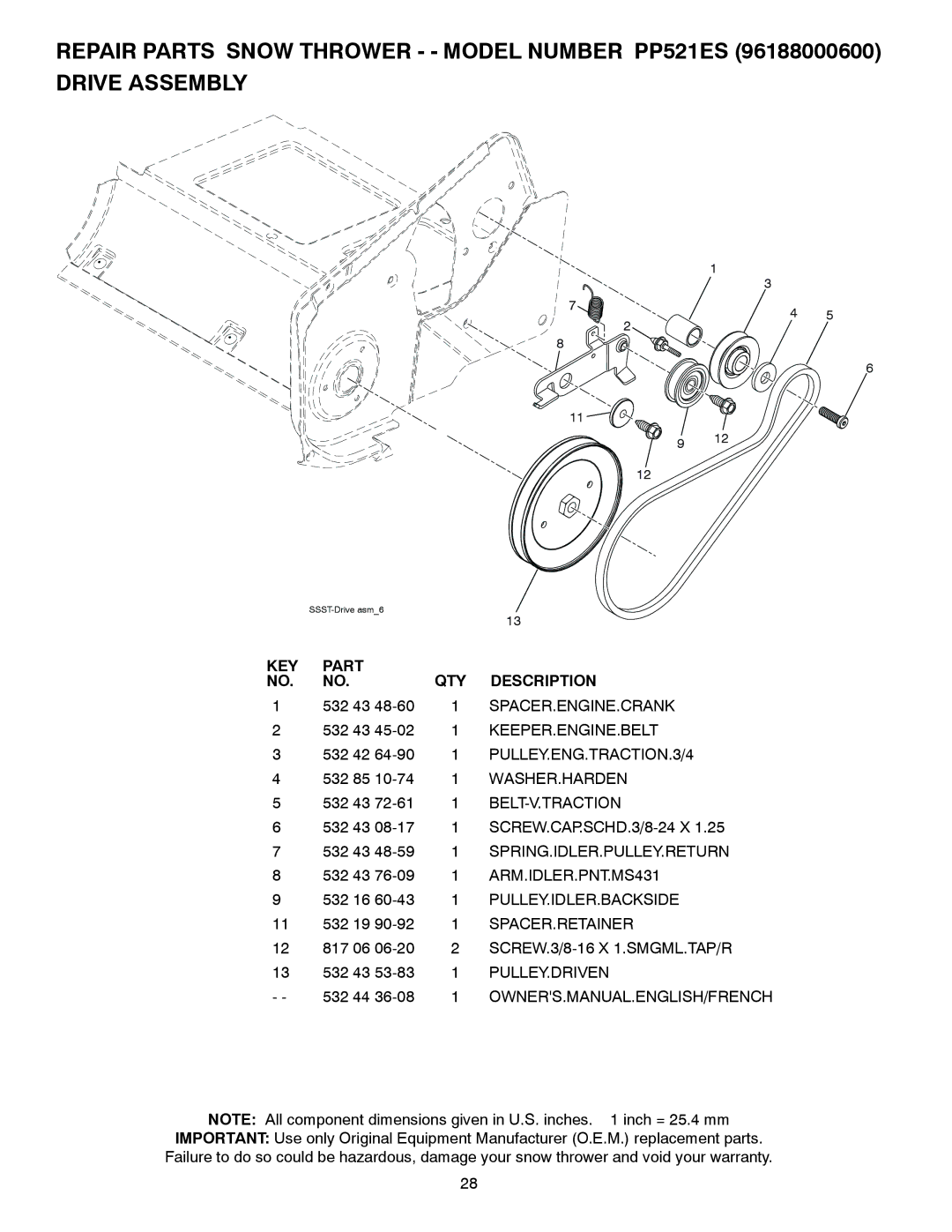 Poulan PP521ES Spacer.Engine.Crank, Keeper.Engine.Belt, PULLEY.ENG.TRACTION.3/4, Washer.Harden, Belt-V.Traction 