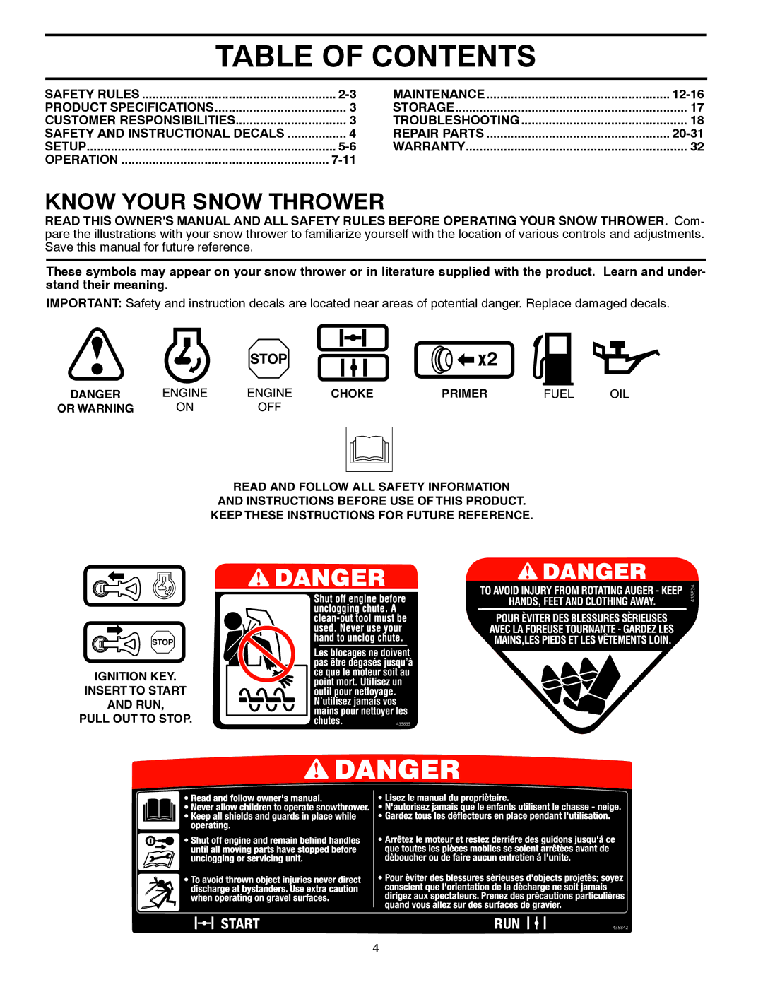 Poulan PP521ES owner manual Table of Contents 