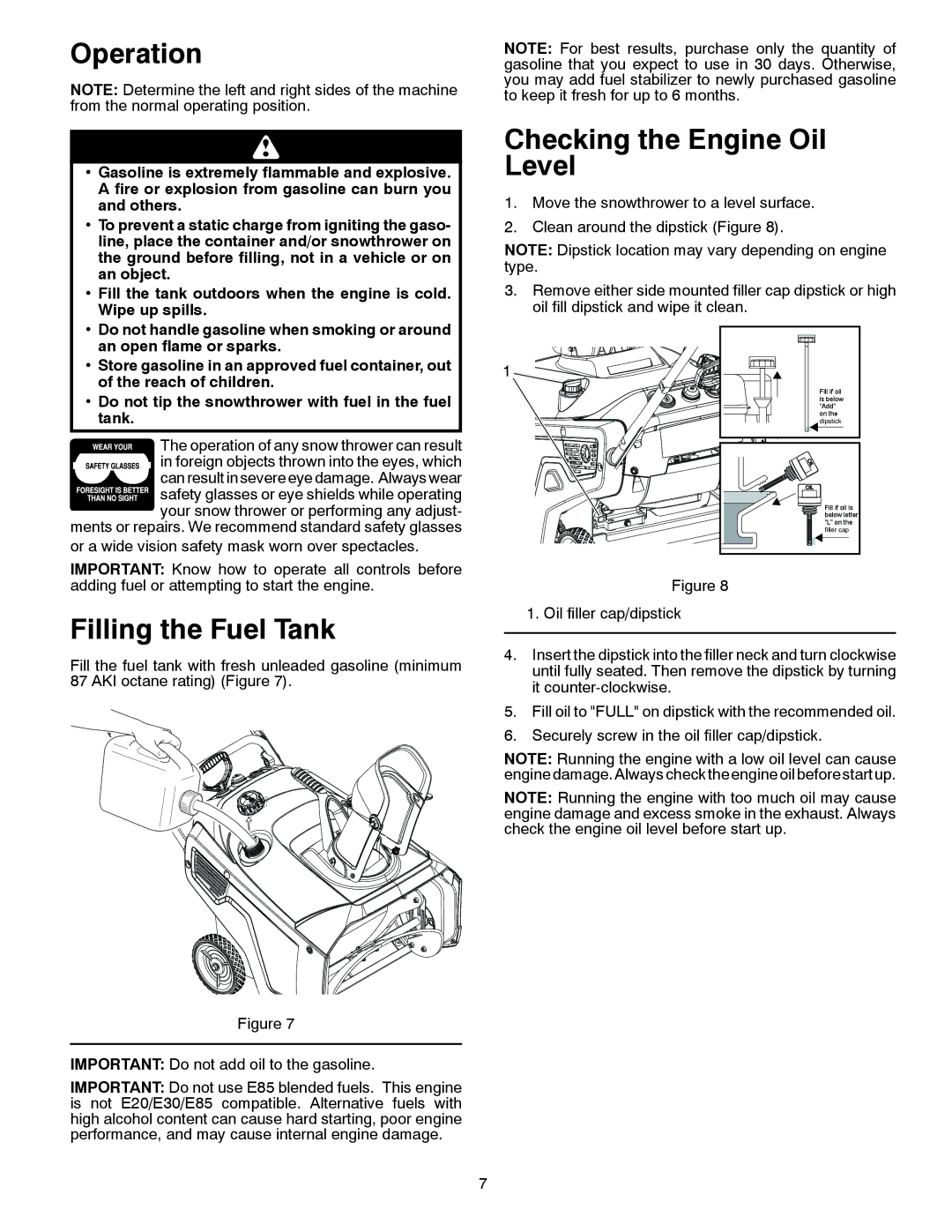 Poulan PP521ES owner manual Operation, Filling the Fuel Tank, Checking the Engine Oil Level 