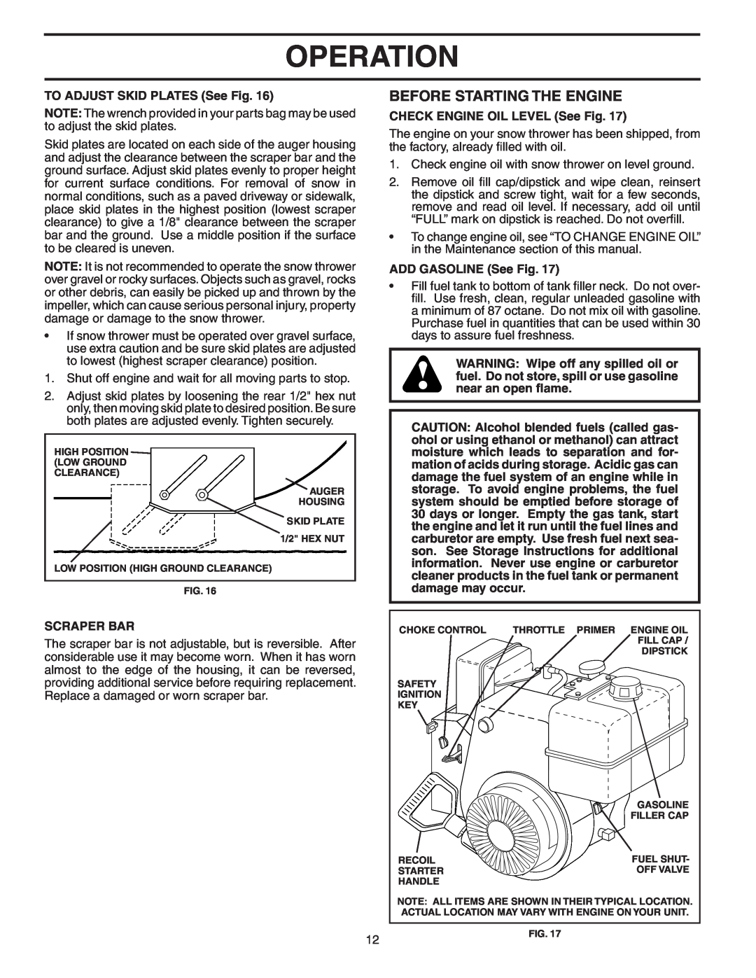 Poulan PP524A Before Starting The Engine, Operation, TO ADJUST SKID PLATES See Fig, CHECK ENGINE OIL LEVEL See Fig 