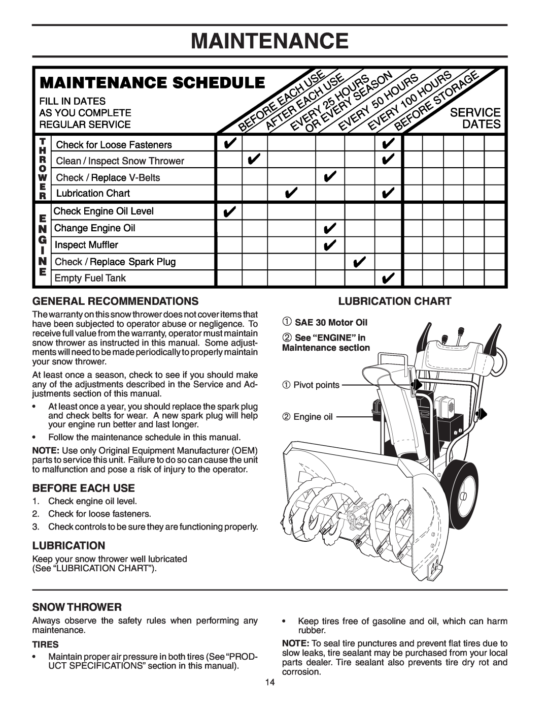 Poulan PP524A Maintenance, General Recommendations, Before Each Use, Snow Thrower, Lubrication Chart, Tires 