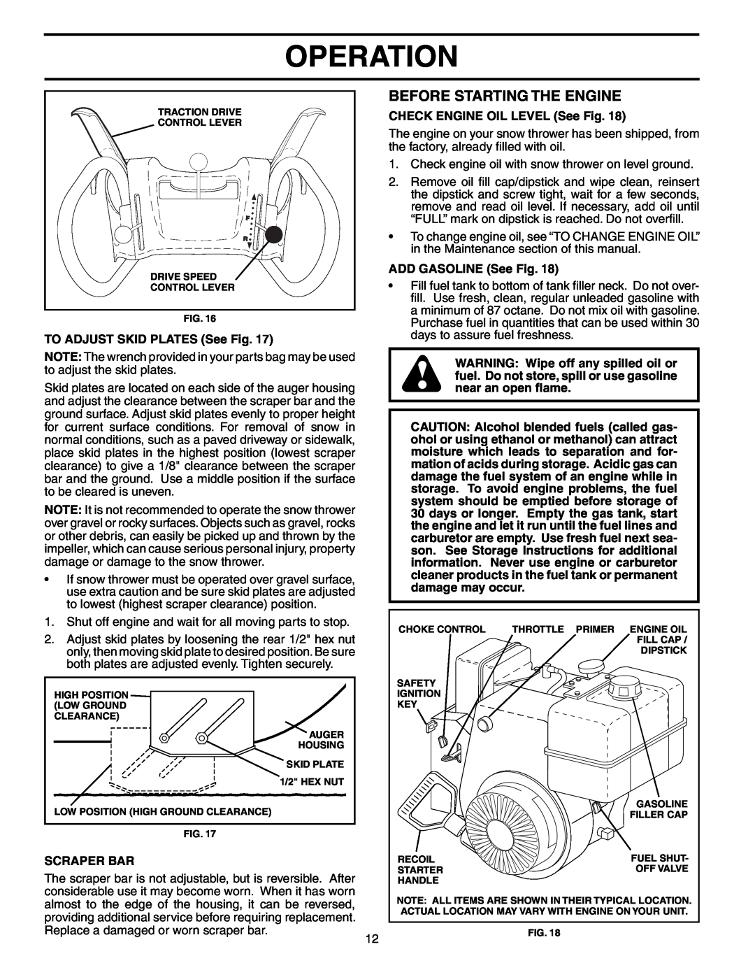Poulan PP524B Before Starting The Engine, Operation, TO ADJUST SKID PLATES See Fig, CHECK ENGINE OIL LEVEL See Fig 