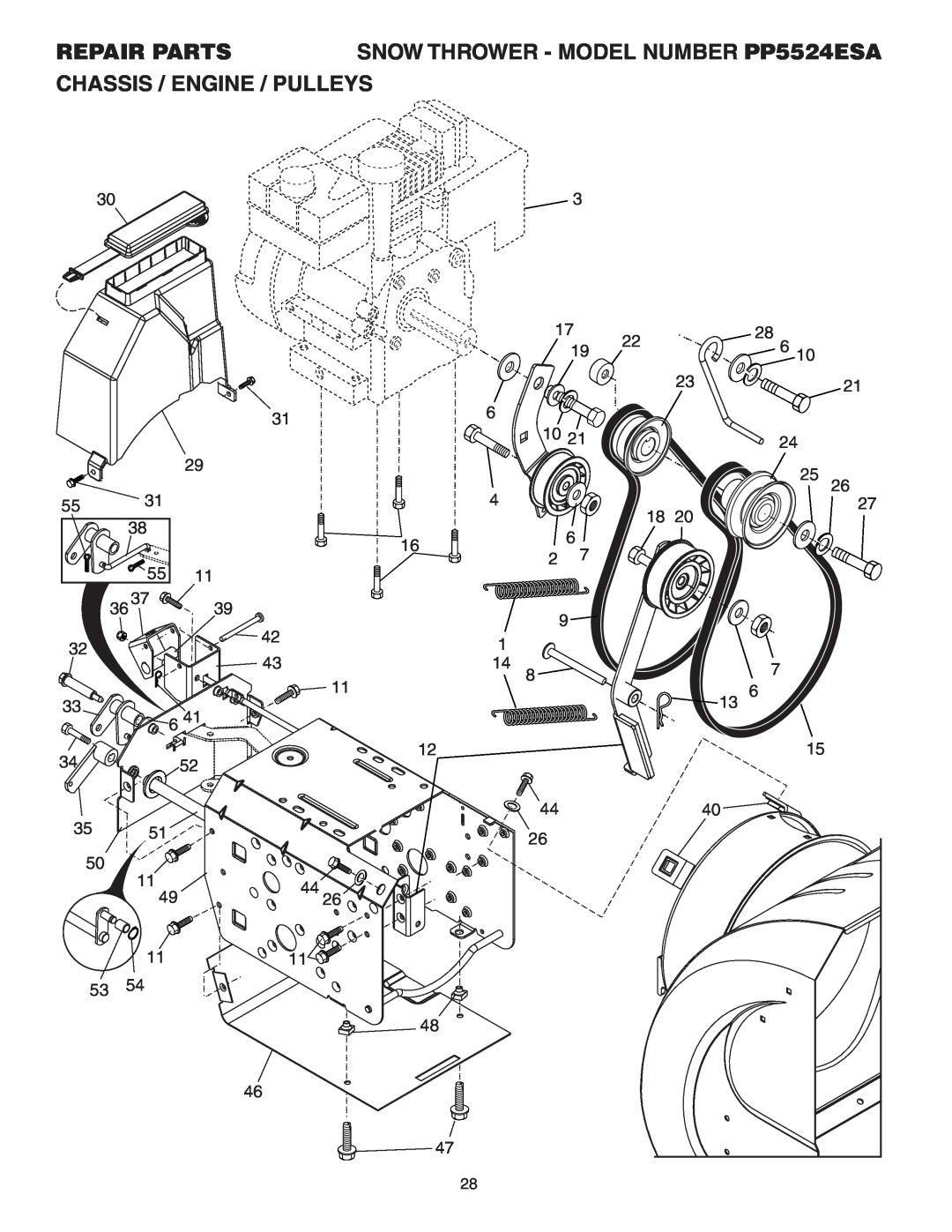 Poulan owner manual Chassis / Engine / Pulleys, Repair Parts, SNOW THROWER - MODEL NUMBER PP5524ESA 