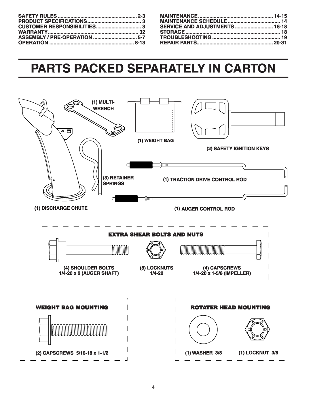 Poulan PP5524ESA owner manual Parts Packed Separately In Carton, 8-13, 14-15, Service And Adjustments, 16-18, 20-31 