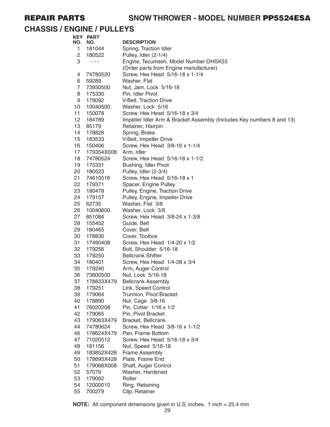 Poulan PP5524ESA owner manual KEY Part Description 