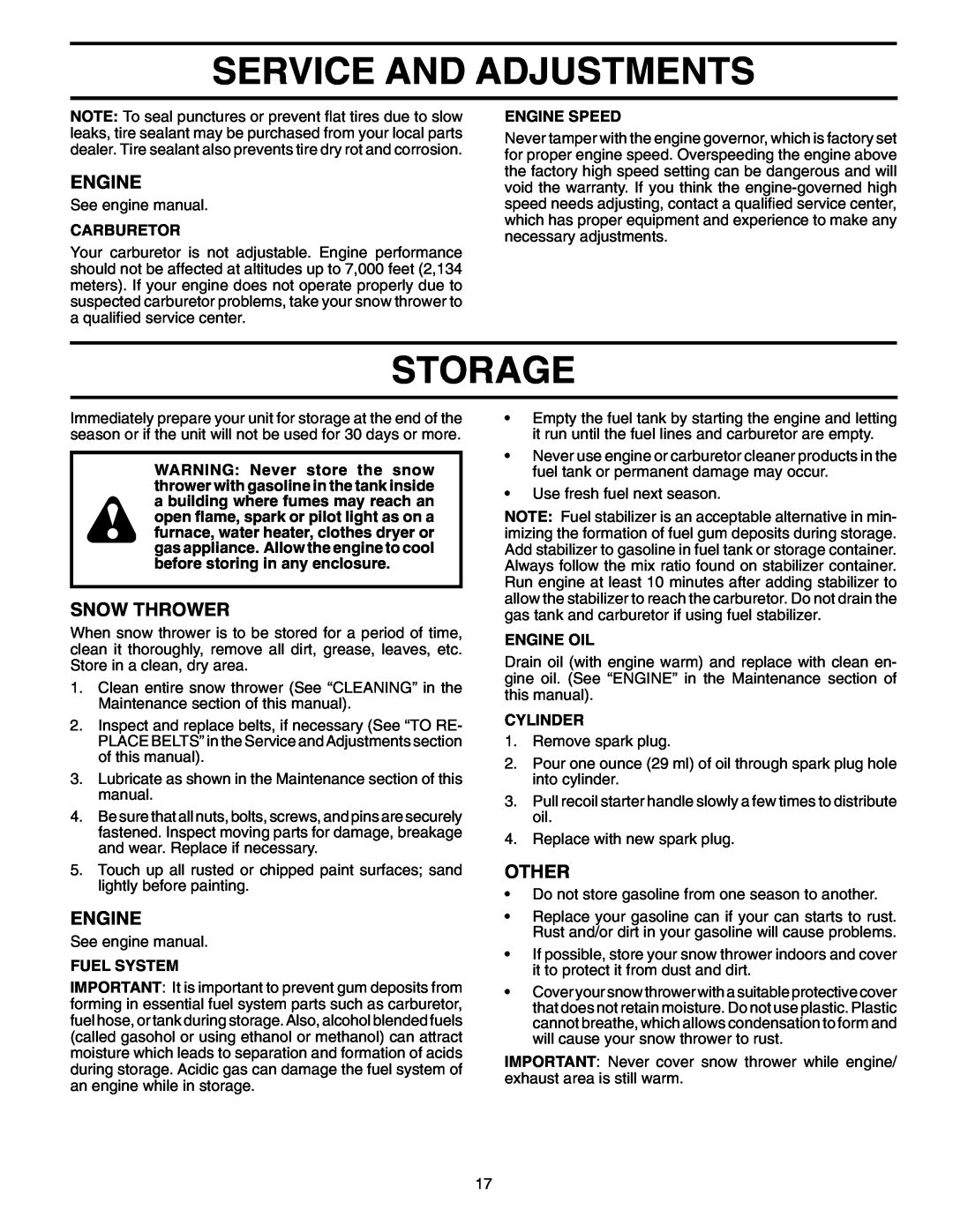 Poulan PP7527ES owner manual Storage, Other, Service And Adjustments, Engine, Snow Thrower 