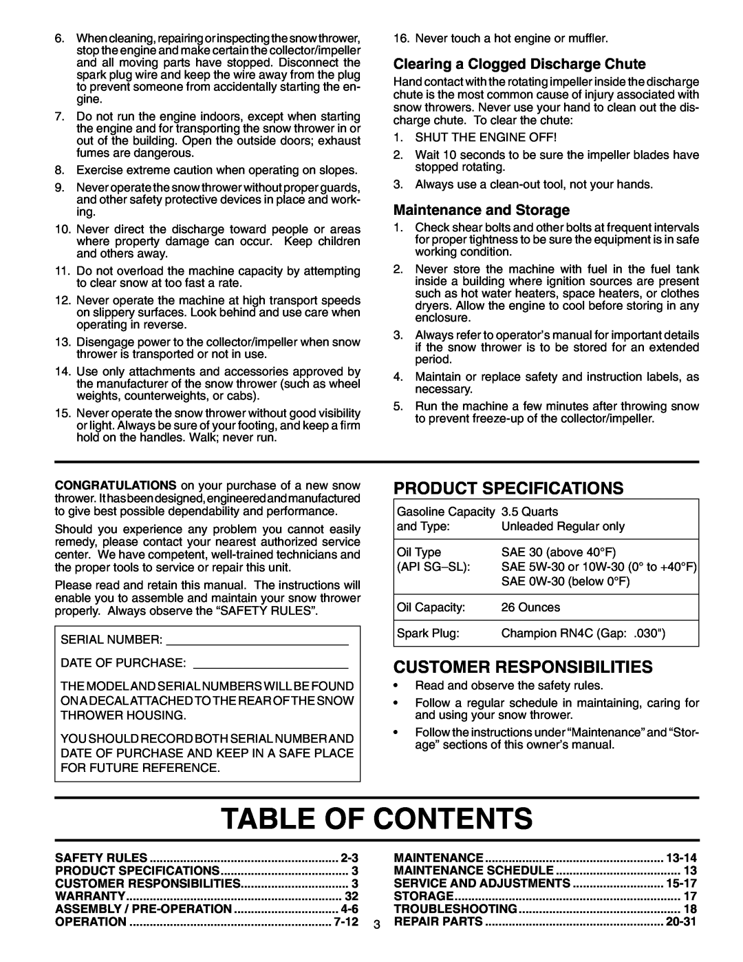 Poulan PP7527ES Table Of Contents, Clearing a Clogged Discharge Chute, Maintenance and Storage, Product Specifications 