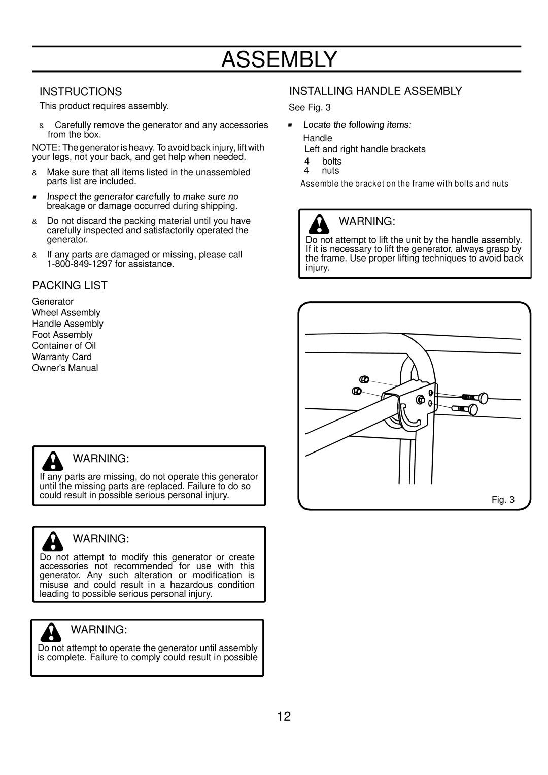 Poulan PP7600E, PP4300, PP6600E manual Instructions, Packing List, Installing Handle Assembly 