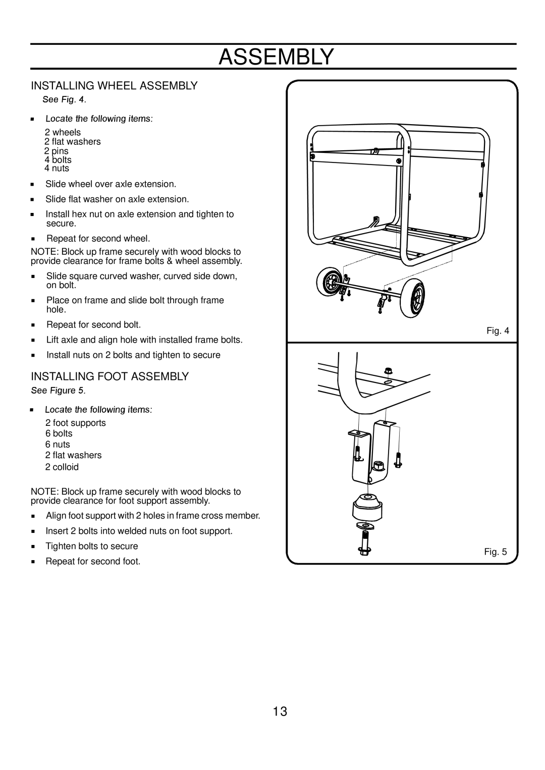 Poulan PP4300, PP7600E, PP6600E manual Installing Wheel Assembly, Installing Foot Assembly 