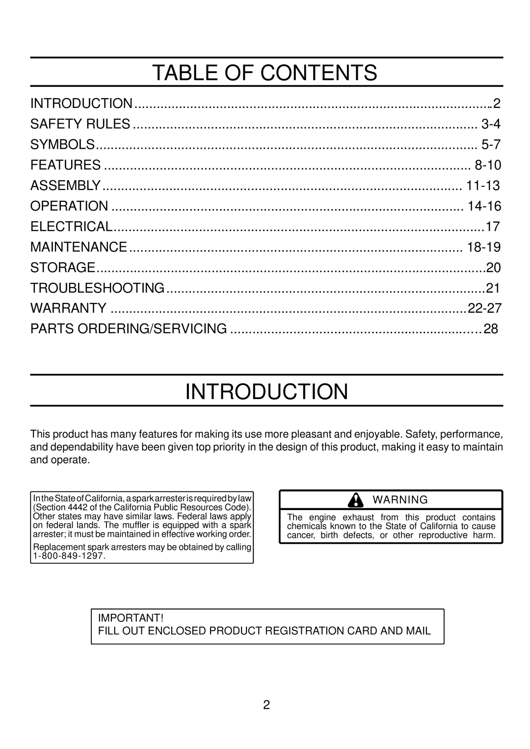 Poulan PP6600E, PP7600E, PP4300 manual Table of Contents, Introduction 