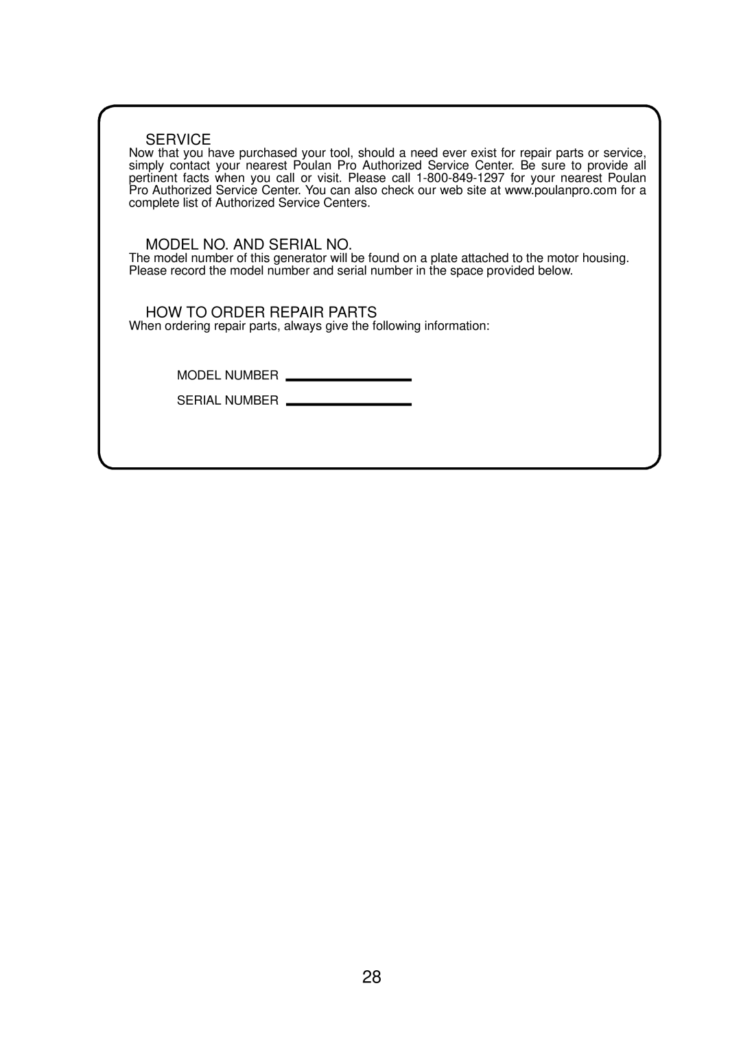 Poulan PP7600E, PP4300, PP6600E manual Service Model NO. and Serial no, HOW to Order Repair Parts 