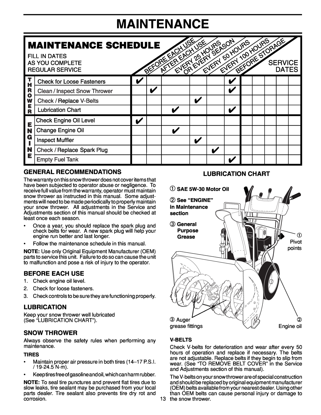Poulan PP8527ES Maintenance, General Recommendations, Before Each Use, Lubrication Chart, Snow Thrower, Purpose Grease 
